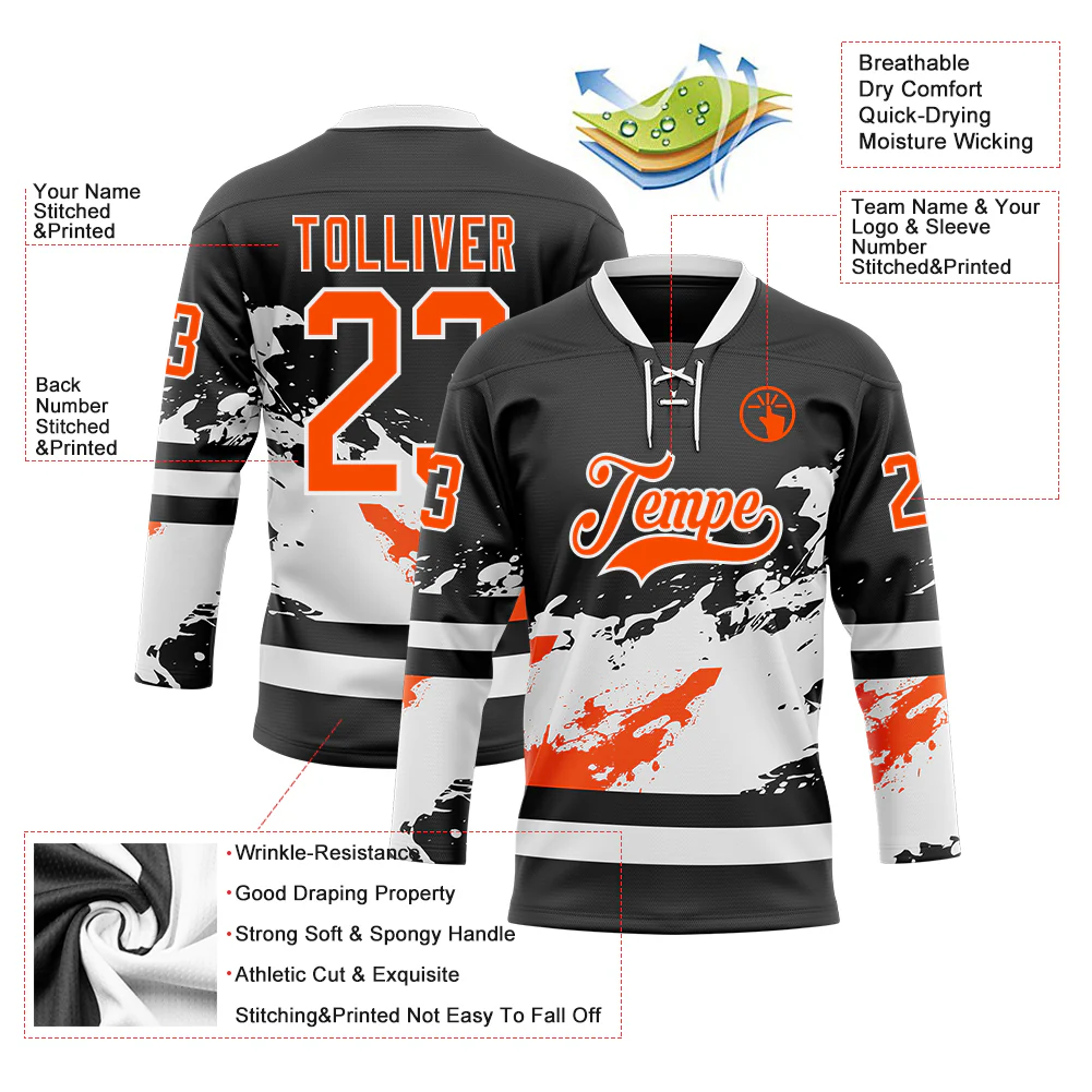 Custom Black Orange-White Abstract Splatter Paint Hockey Lace Neck Jersey - Image 5
