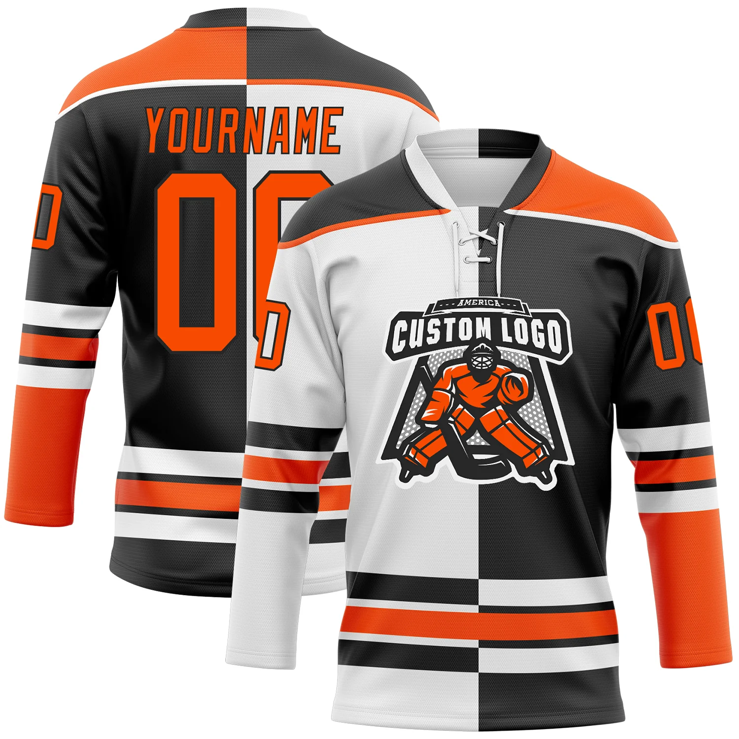 Custom Black Orange-White Split Fashion Hockey Lace Neck Jersey - Image 2