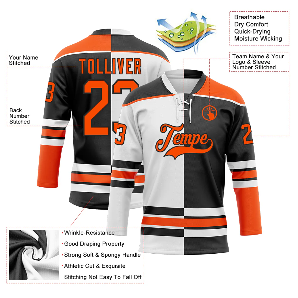 Custom Black Orange-White Split Fashion Hockey Lace Neck Jersey - Image 3