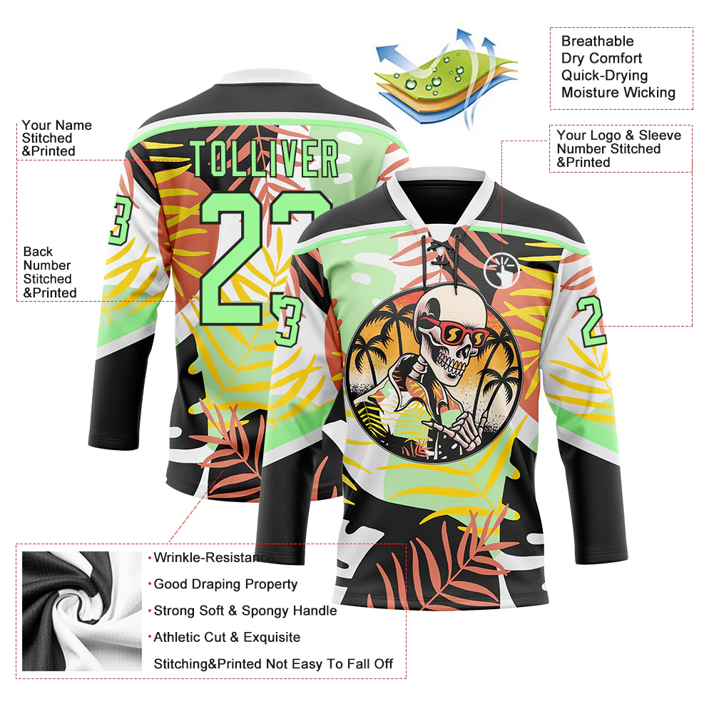 Custom Black Pea Green-White Hawaii Tropical Palm Trees Hockey Lace Neck Jersey - Image 4