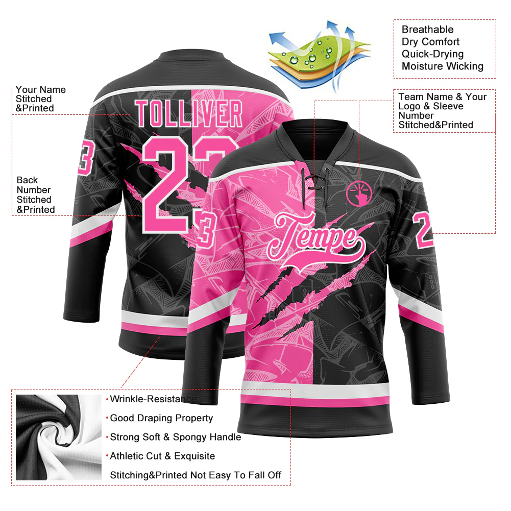 Custom Black Pink-White 3D Pattern Gradient Fashion Scratch Hockey Lace Neck Jersey - Image 3
