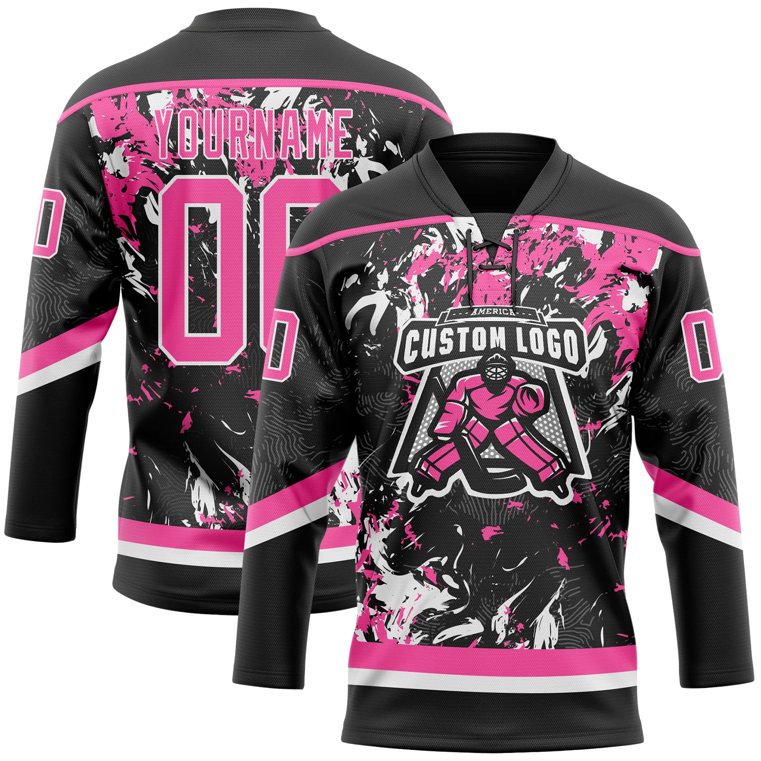 Custom Black Pink-White 3D Fluid Art Splash Hockey Lace Neck Jersey - Image 2