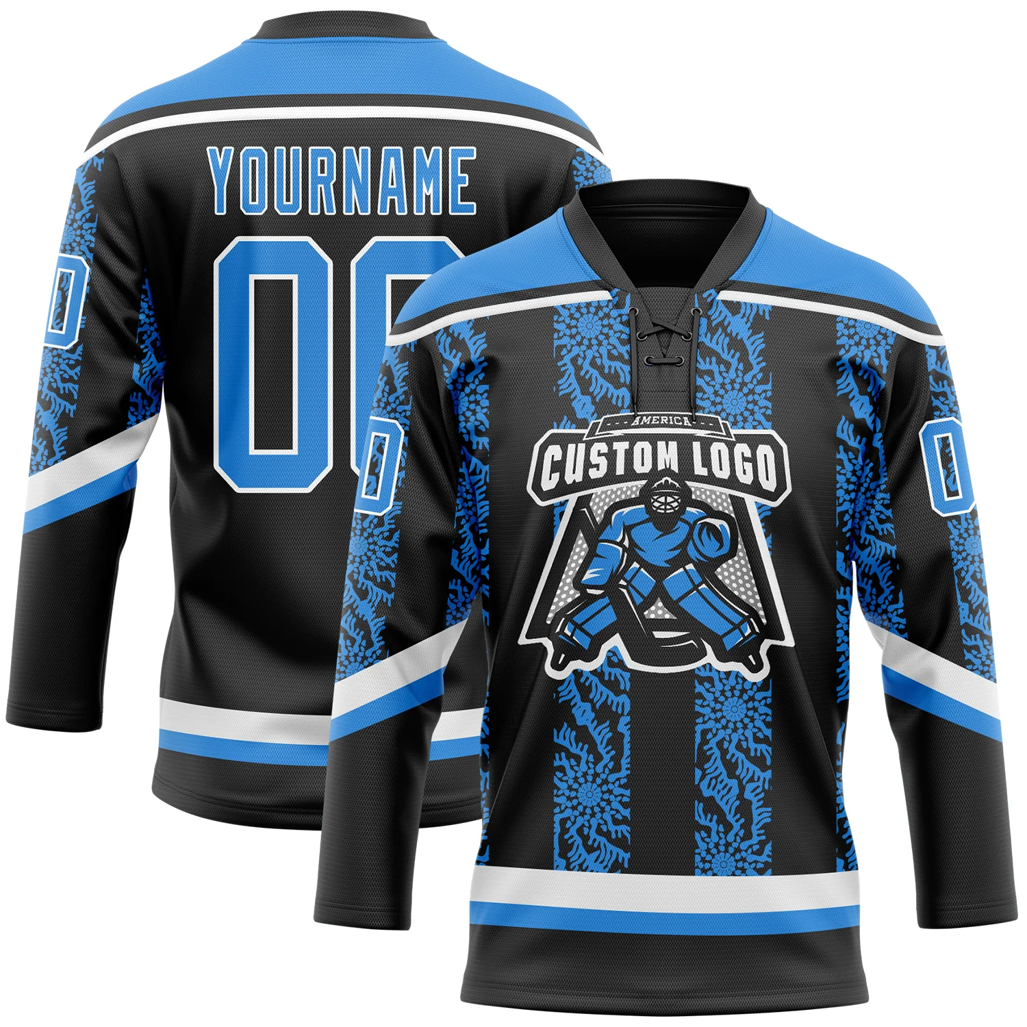 Custom Black Powder Blue-White 3D Pattern Abstract Shape Hockey Lace Neck Jersey - Image 2