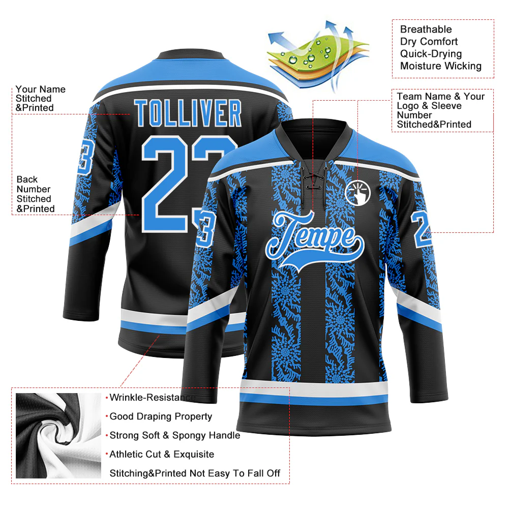 Custom Black Powder Blue-White 3D Pattern Abstract Shape Hockey Lace Neck Jersey - Image 3