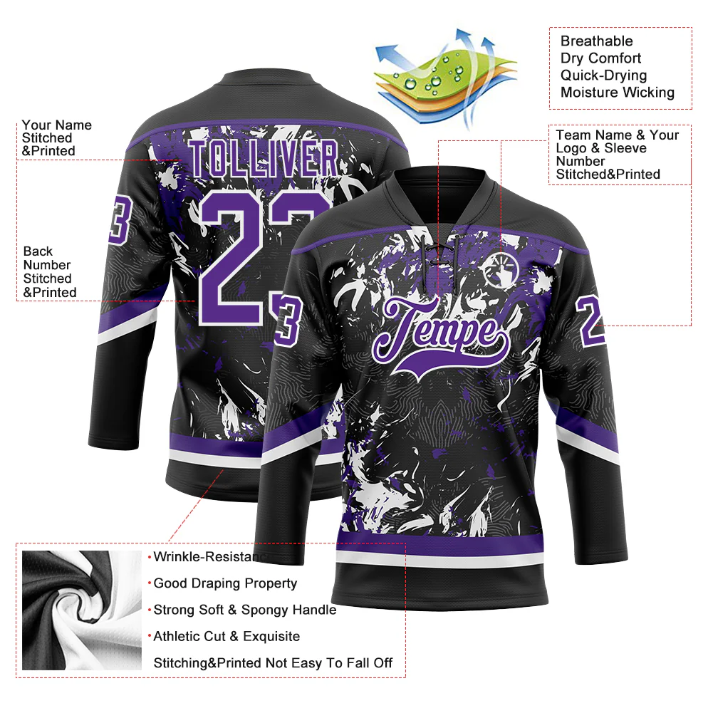 Custom Black Purple-White 3D Fluid Art Splash Hockey Lace Neck Jersey - Image 3