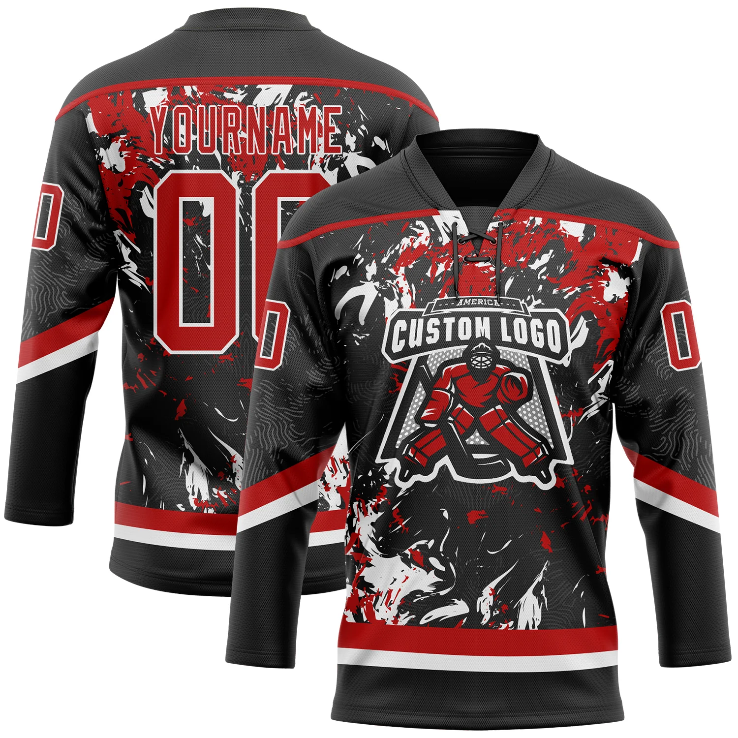 Custom Black Red-White 3D Fluid Art Splash Hockey Lace Neck Jersey - Image 2