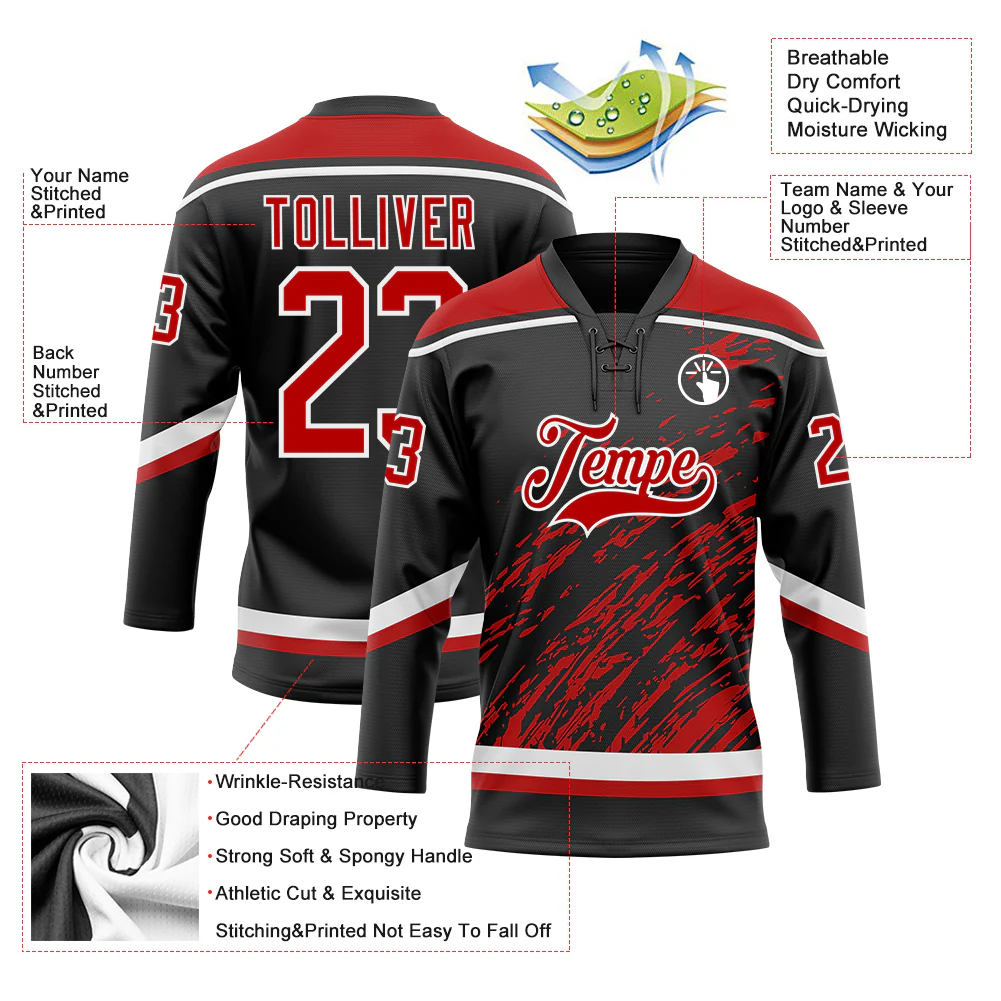 Custom Black Red-White 3D Splash Art Hockey Lace Neck Jersey - Image 5