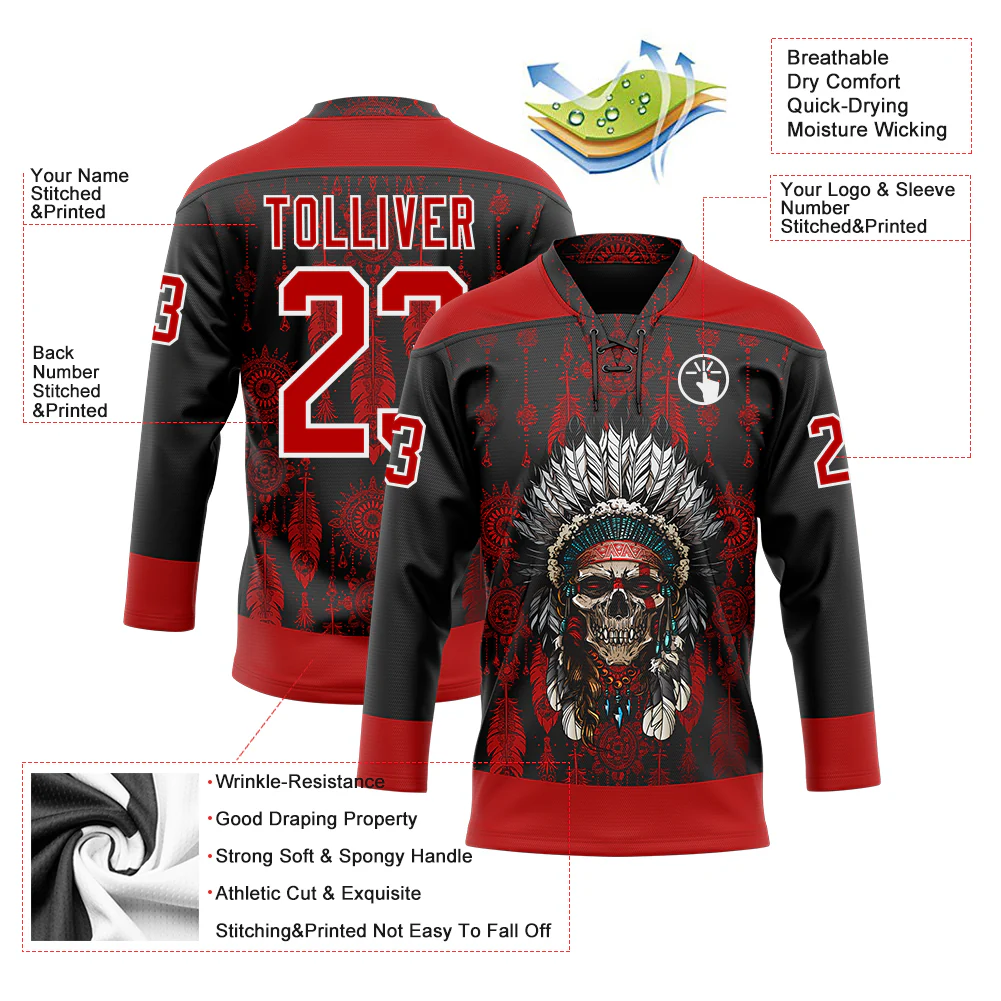 Custom Black Red-White Native Americans Tribal Indigenous People Hockey Lace Neck Jersey - Image 4