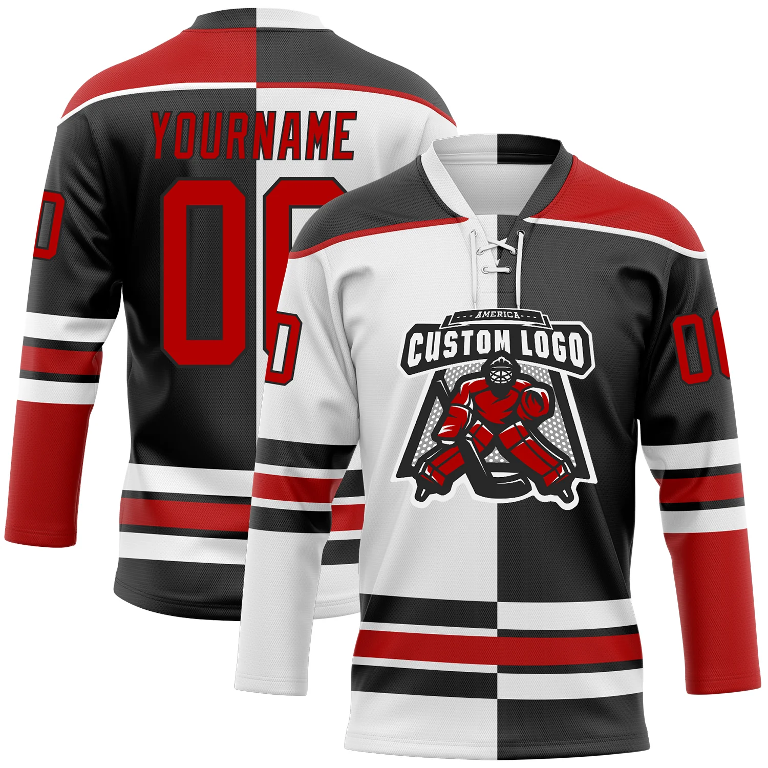 Custom Black Red-White Split Fashion Hockey Lace Neck Jersey - Image 2