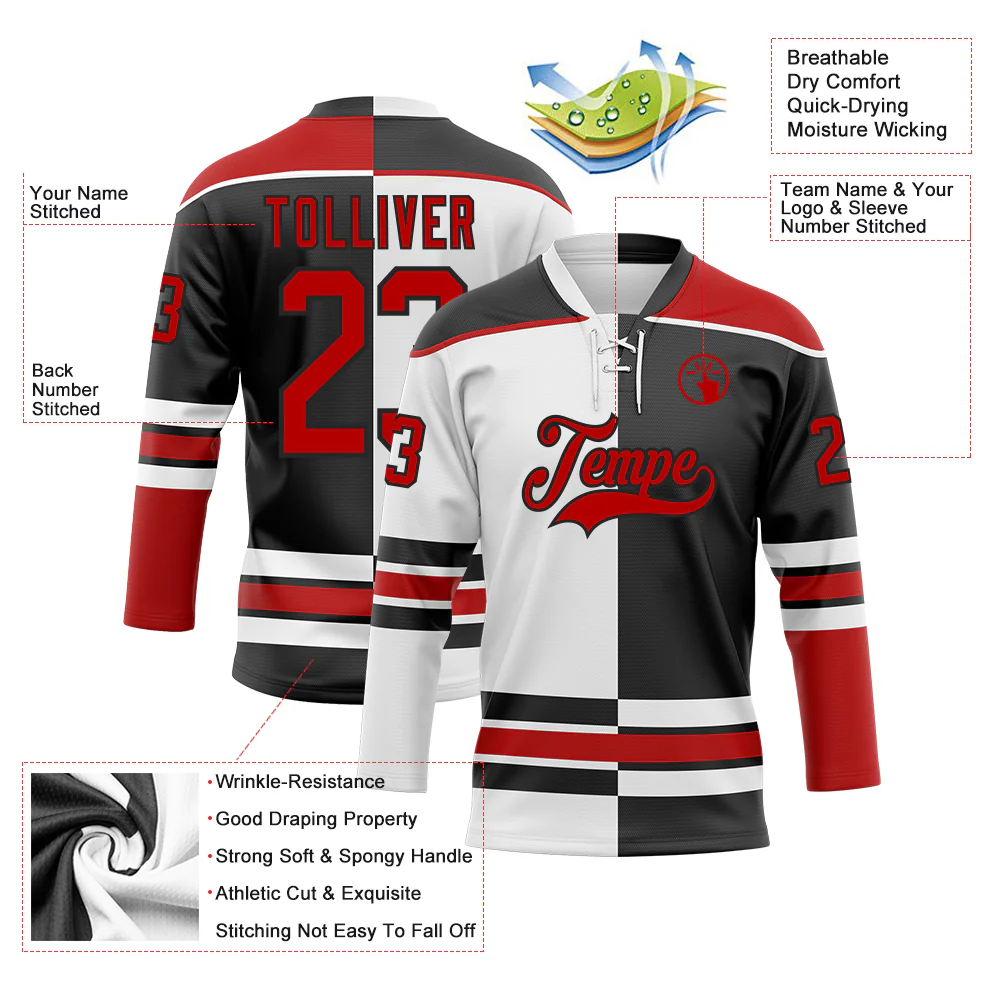 Custom Black Red-White Split Fashion Hockey Lace Neck Jersey - Image 3