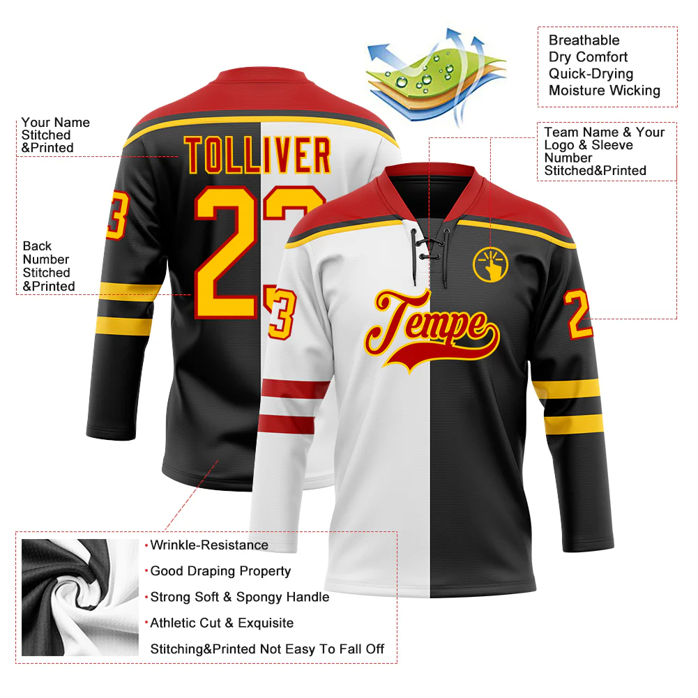 Custom Black Yellow White-Red Split Fashion Hockey Lace Neck Jersey - Image 5