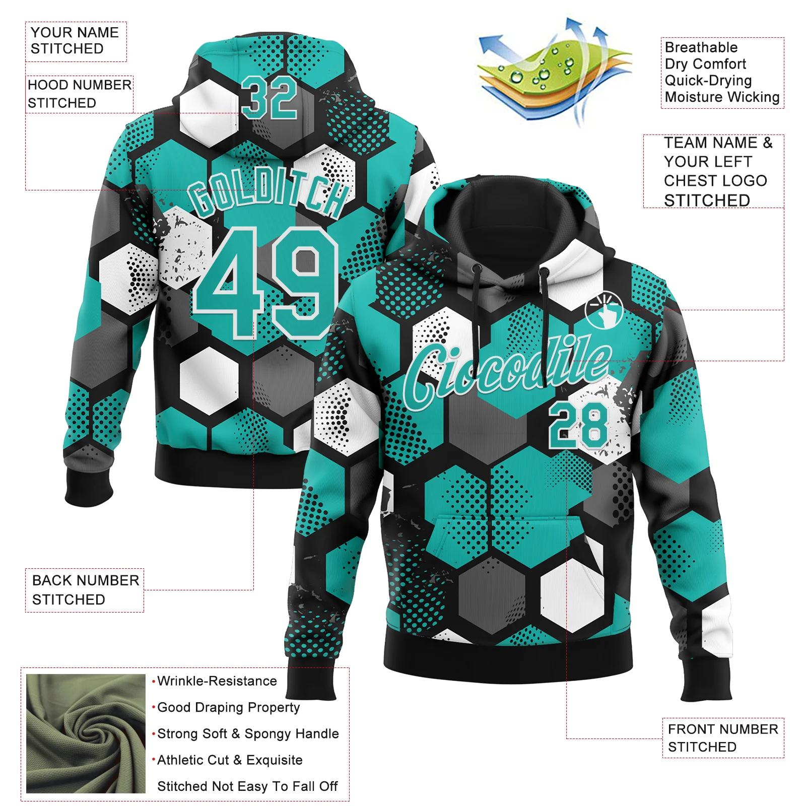 Custom Stitched Black Aqua-White Geometric Shape Pattern Sports Pullover Sweatshirt Hoodie - Image 4