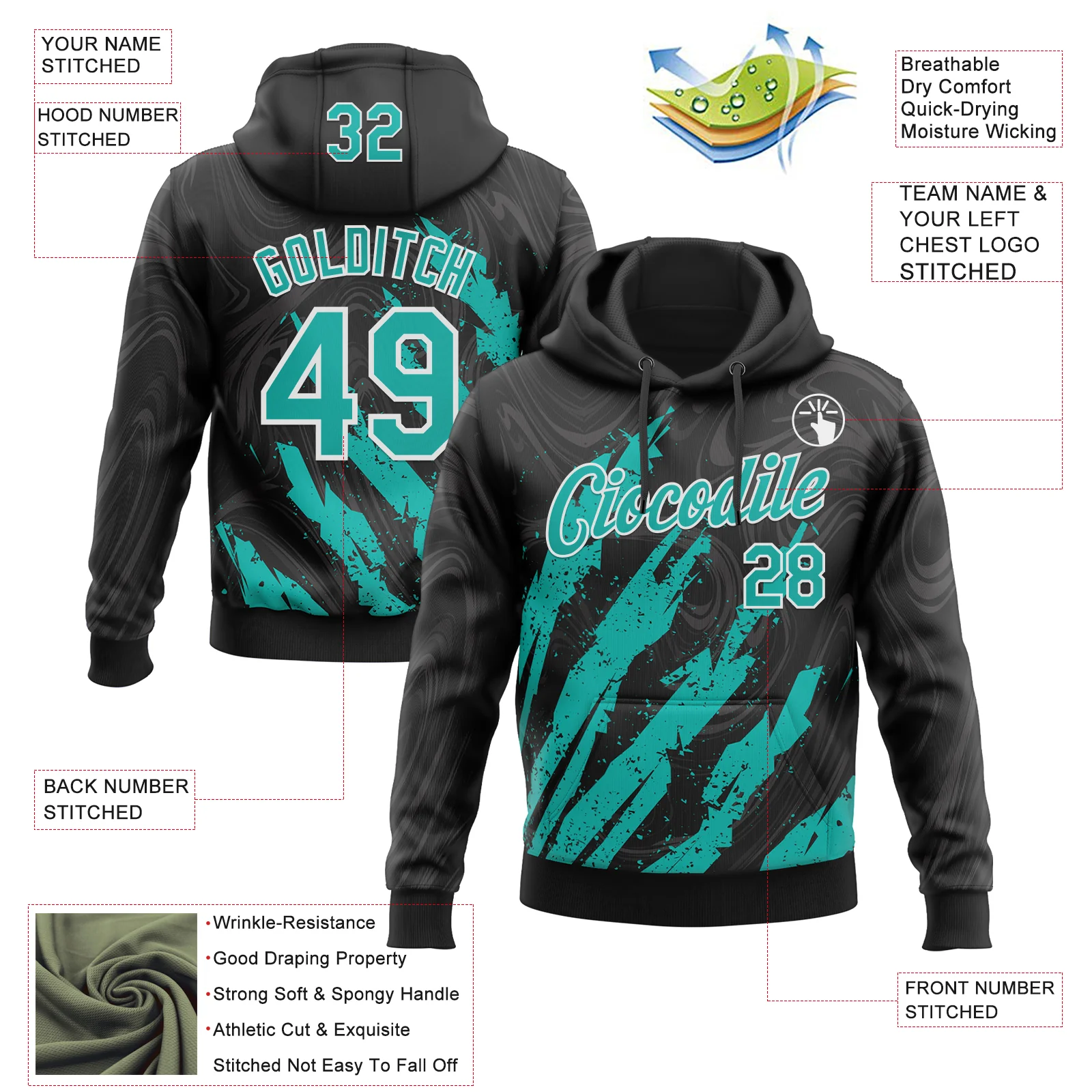 Custom Stitched Black Aqua-White Splash Sports Pullover Sweatshirt Hoodie - Image 4