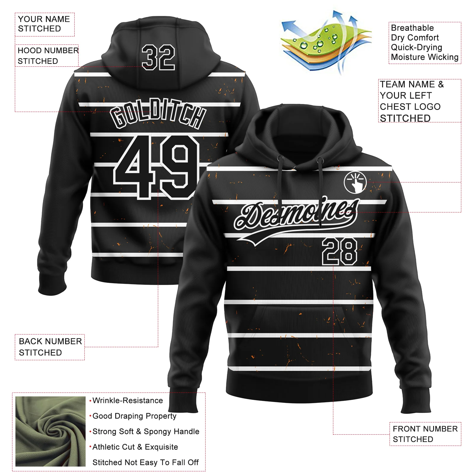 Custom Stitched Black White 3D Pattern Design Line Sportswear Pullover Sweatshirt Hoodie - Image 2