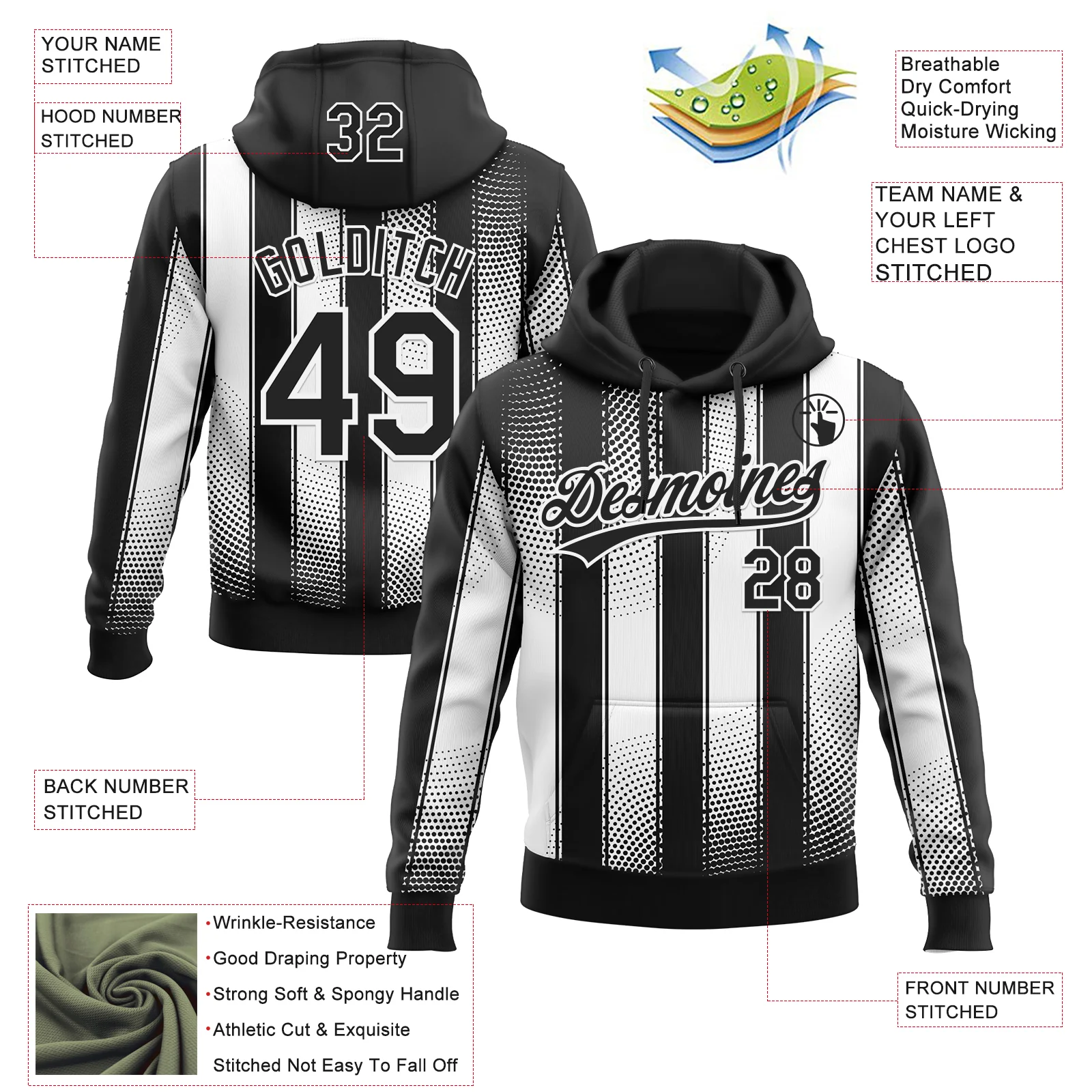 Custom Stitched Black White 3D Pattern Design Line Sportswear Pullover Sweatshirt Hoodie - Image 2