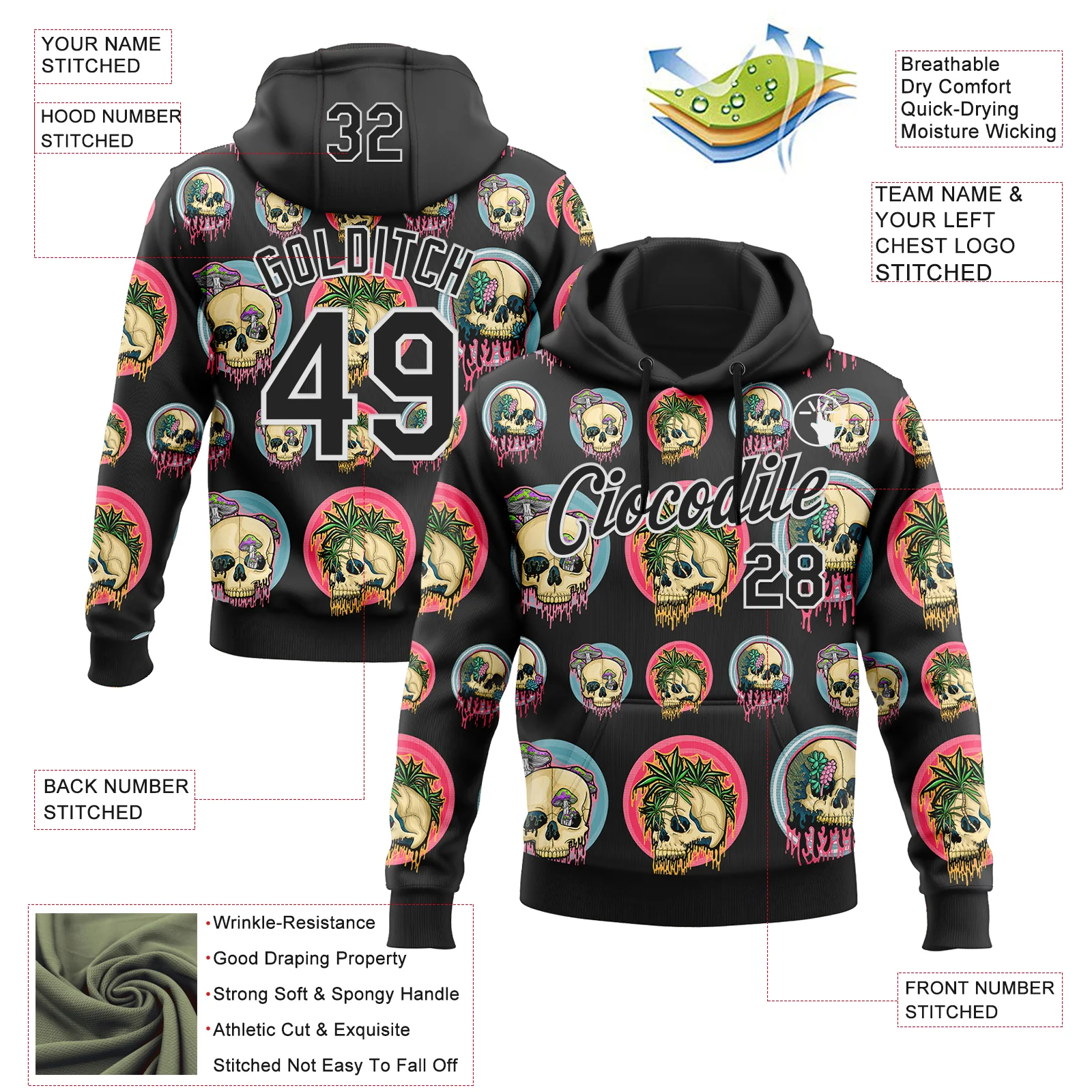 Custom Stitched Black Black-White 3D Illymakes Drippy Skull Sports Pullover Sweatshirt Hoodie - Image 2