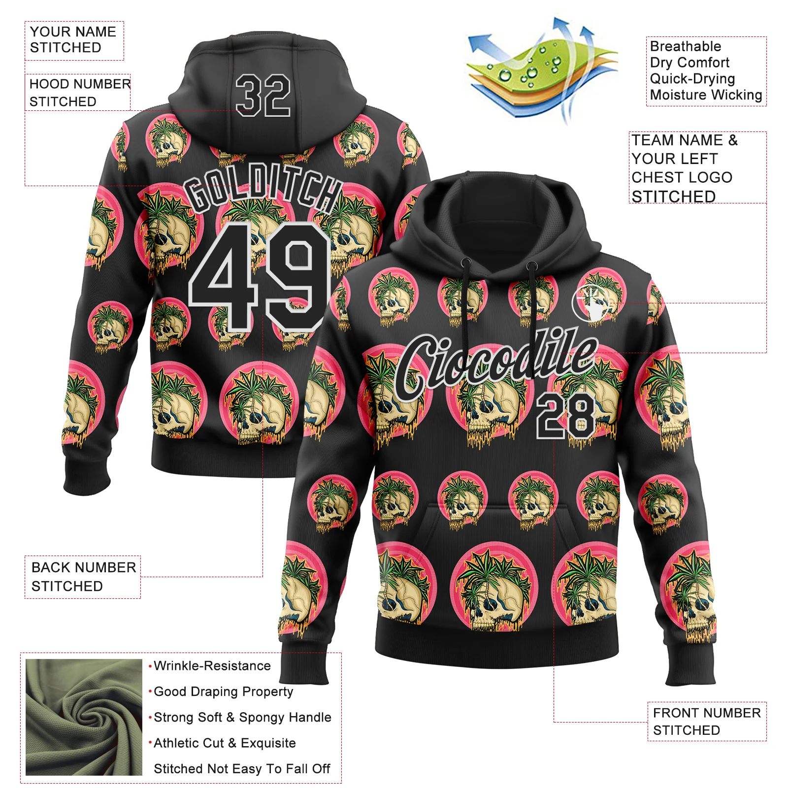 Custom Stitched Black Black-White 3D Illymakes Drippy Tropical Skull Sports Pullover Sweatshirt Hoodie - Image 2