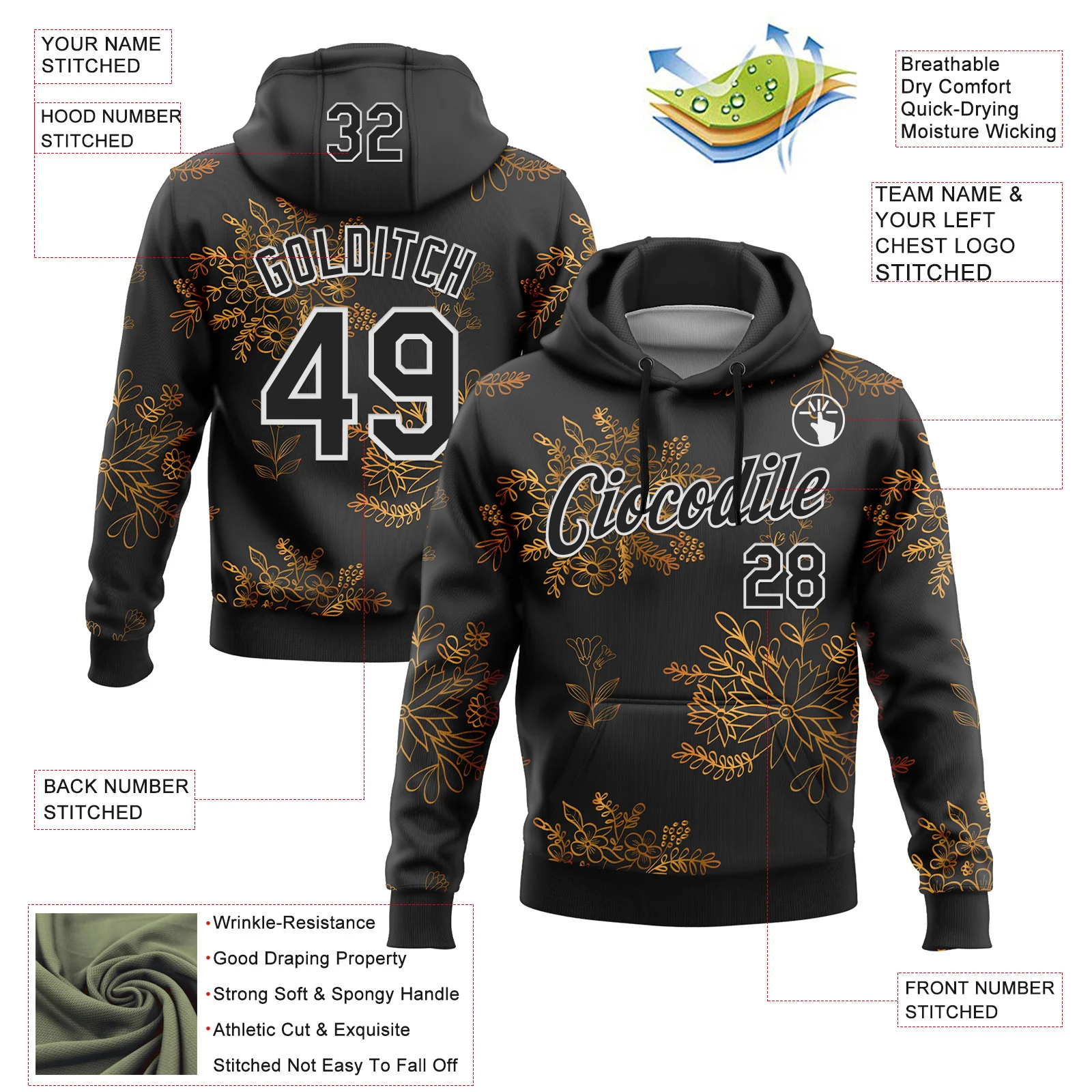 Custom Stitched Black White 3D Pattern Design Golden Subtle Floral Sports Pullover Sweatshirt Hoodie - Image 2