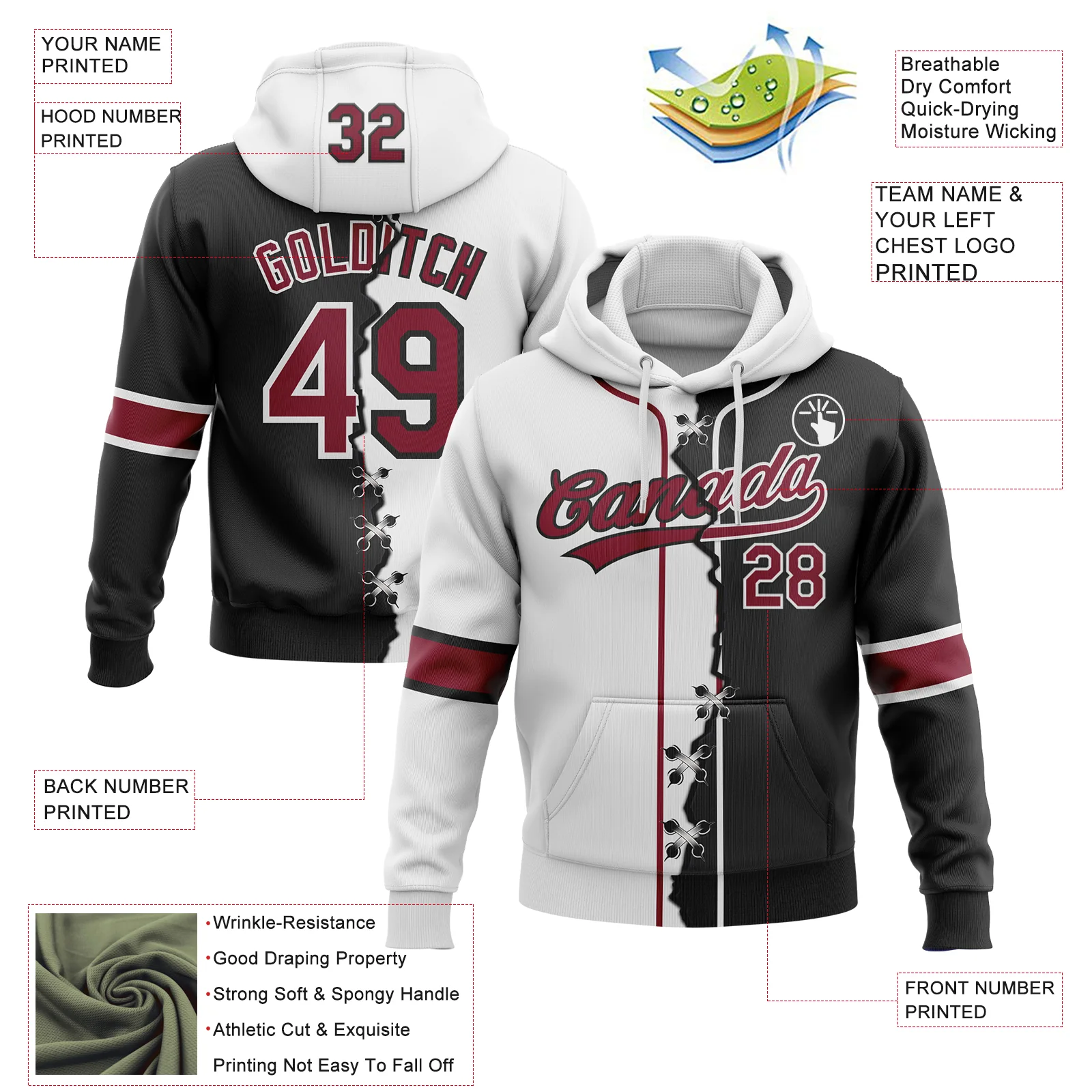 Custom Black Crimson-White Split Ripped Pattern Baseball Pullover Sweatshirt Hoodie - Image 4
