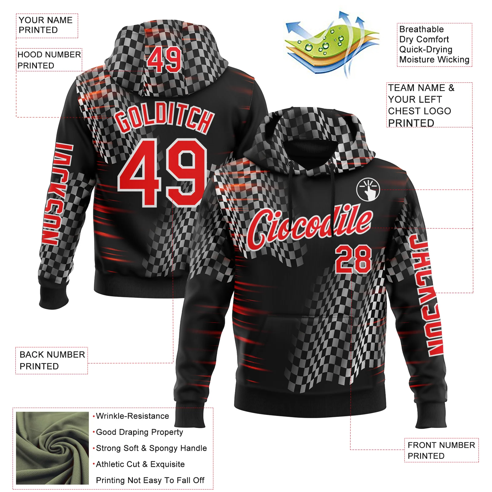 Custom Black Fire Red-White 3D Pattern Design Formula Auto Car Racing Motorsport Sports Pullover Sweatshirt Hoodie - Image 2
