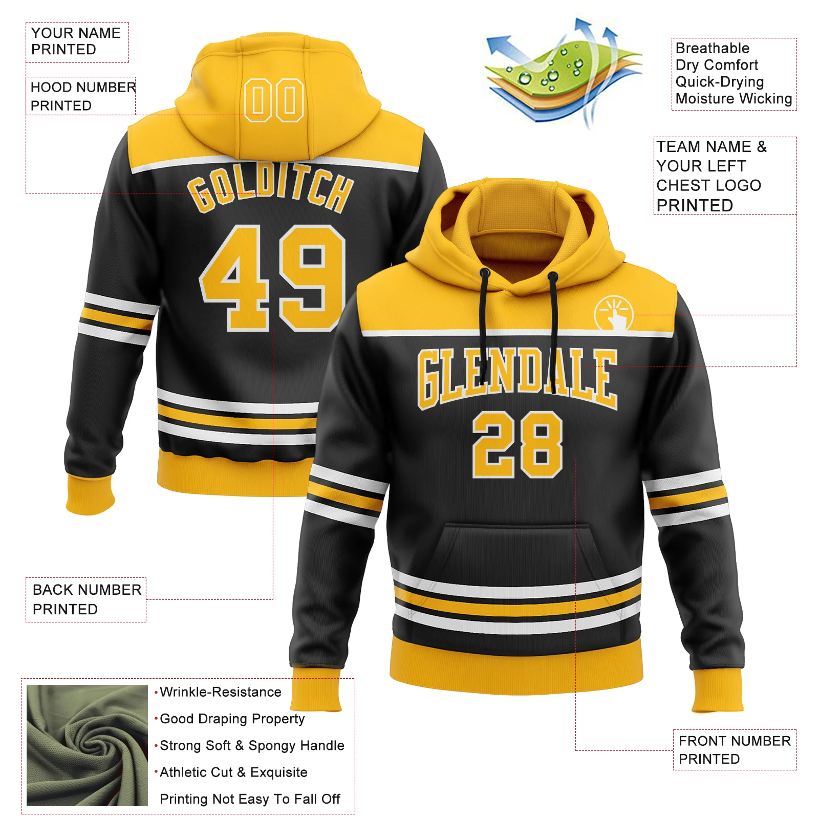 Custom Black Gold-White 3D Pattern Design Game Day Boston Inspired Sports Pullover Sweatshirt Hoodie - Image 2