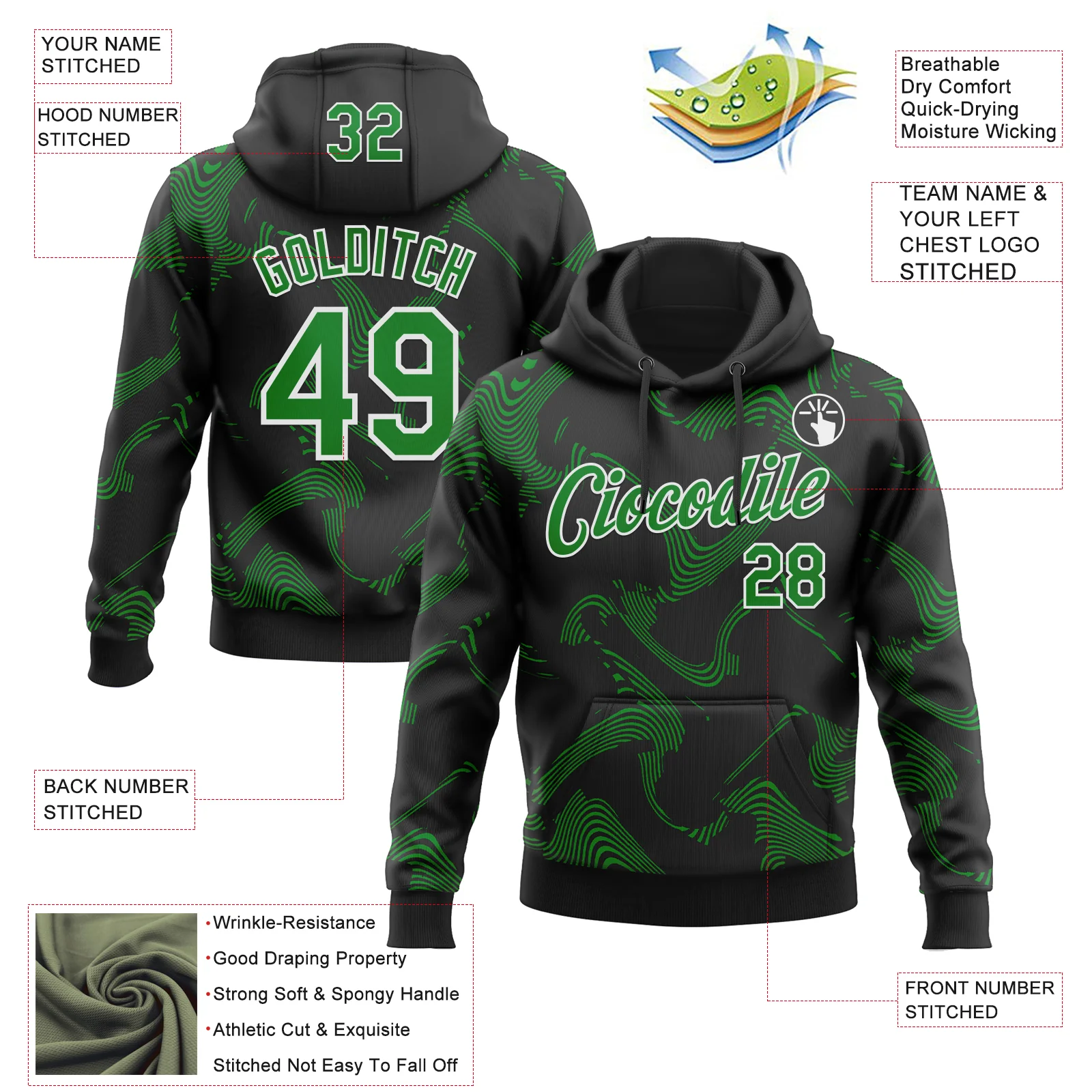 Custom Stitched Black Grass Green-White Curve Lines Sports Pullover Sweatshirt Hoodie - Image 4