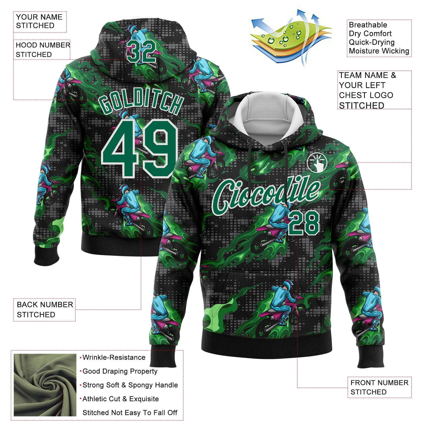 Custom Stitched Black Kelly Green-White 3D Pattern Design Flame Motorcycle Motocross Racing Sports Pullover Sweatshirt Hoodie - Image 2