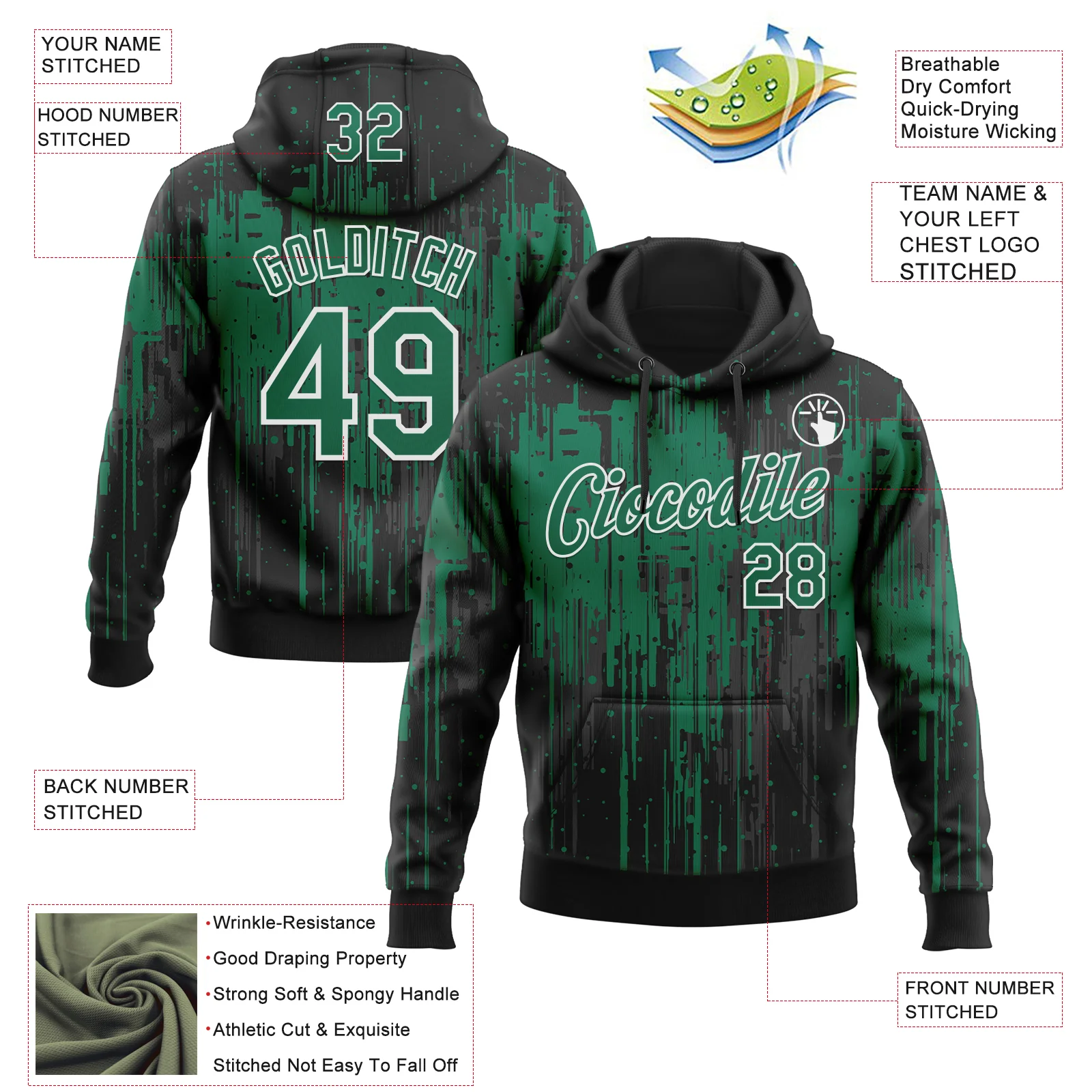 Custom Stitched Black Kelly Green-White Dripping Splatter Sports Pullover Sweatshirt Hoodie - Image 4