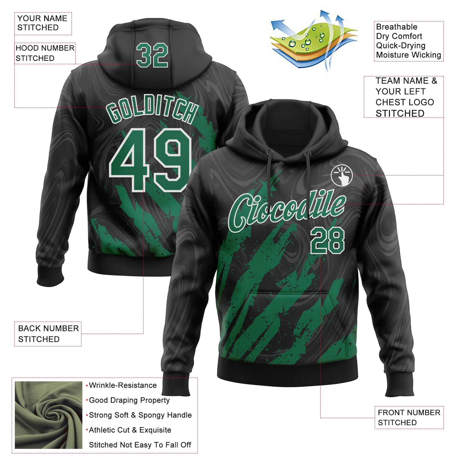Custom Stitched Black Kelly Green-White Splash Sports Pullover Sweatshirt Hoodie - Image 4