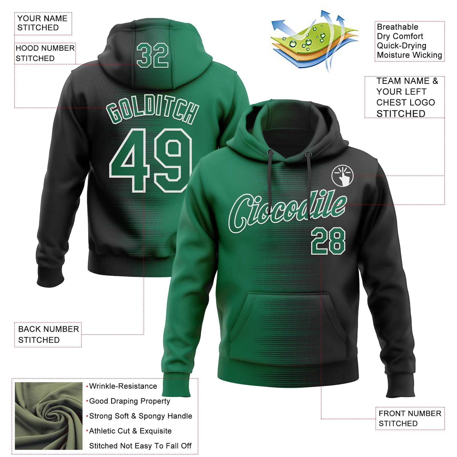 Custom Stitched Black Kelly Green-White Gradient Line Sports Pullover Sweatshirt Hoodie - Image 4