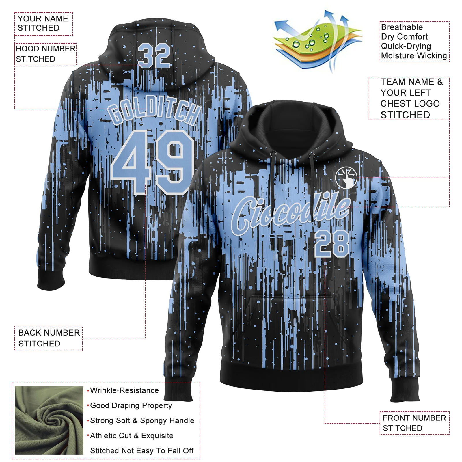 Custom Stitched Black Light Blue-White Dripping Splatter Sports Pullover Sweatshirt Hoodie - Image 4