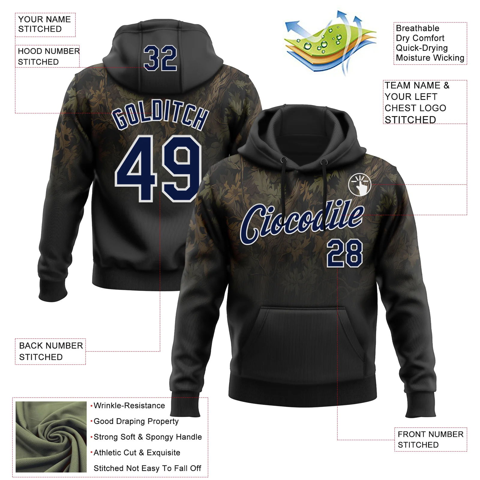 Custom Stitched Black Navy-White 3D Pattern Design Tree Camo Hunting Sports Pullover Sweatshirt Hoodie - Image 2