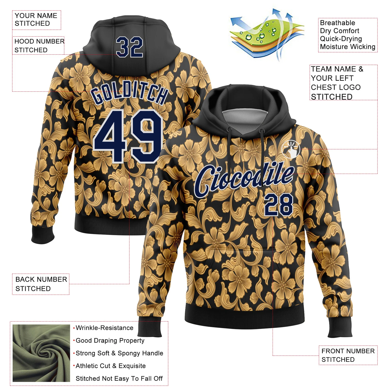 Custom Stitched Black Navy-White 3D Pattern Design Golden Subtle Floral Sports Pullover Sweatshirt Hoodie - Image 2