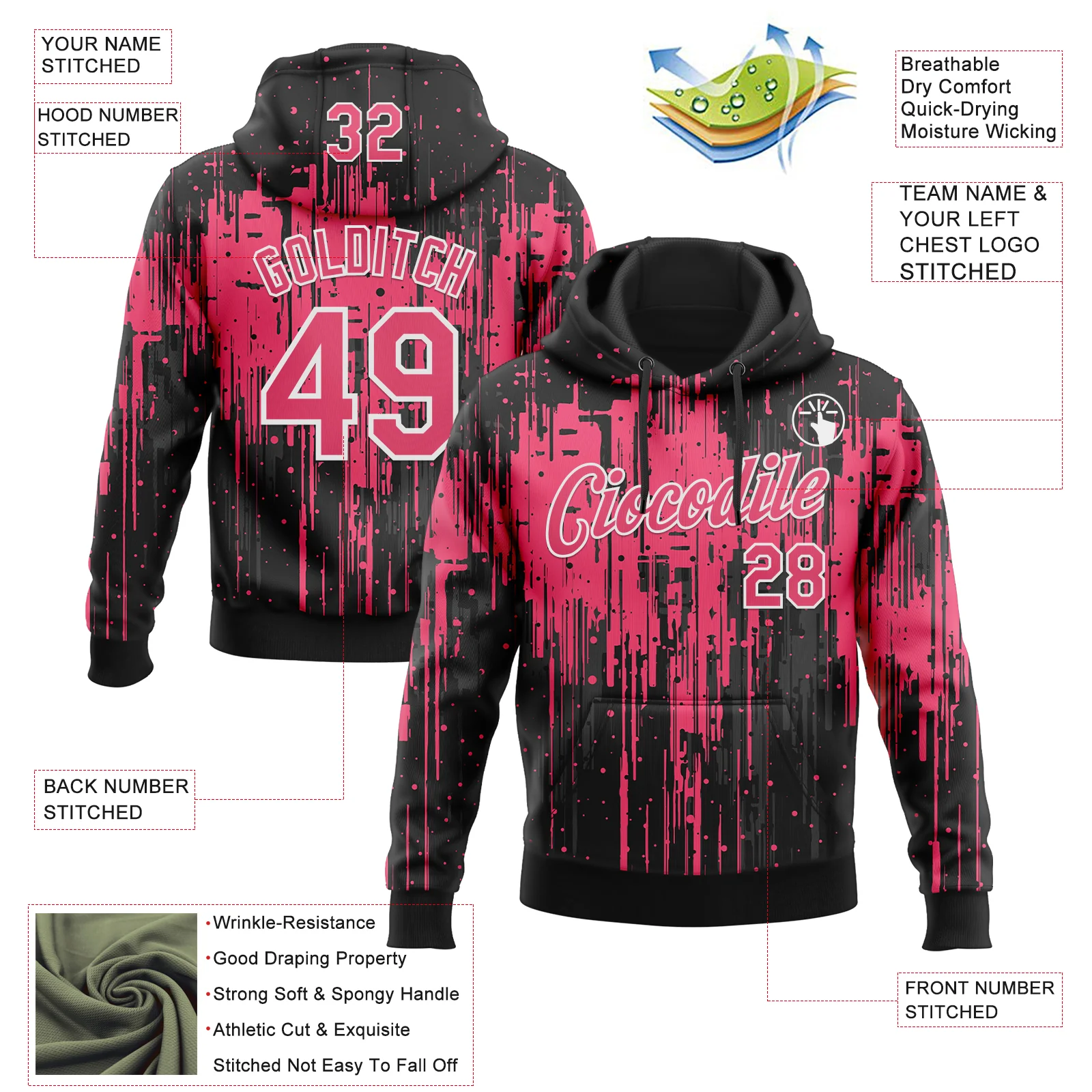Custom Stitched Black Neon Pink-White Dripping Splatter Sports Pullover Sweatshirt Hoodie - Image 4
