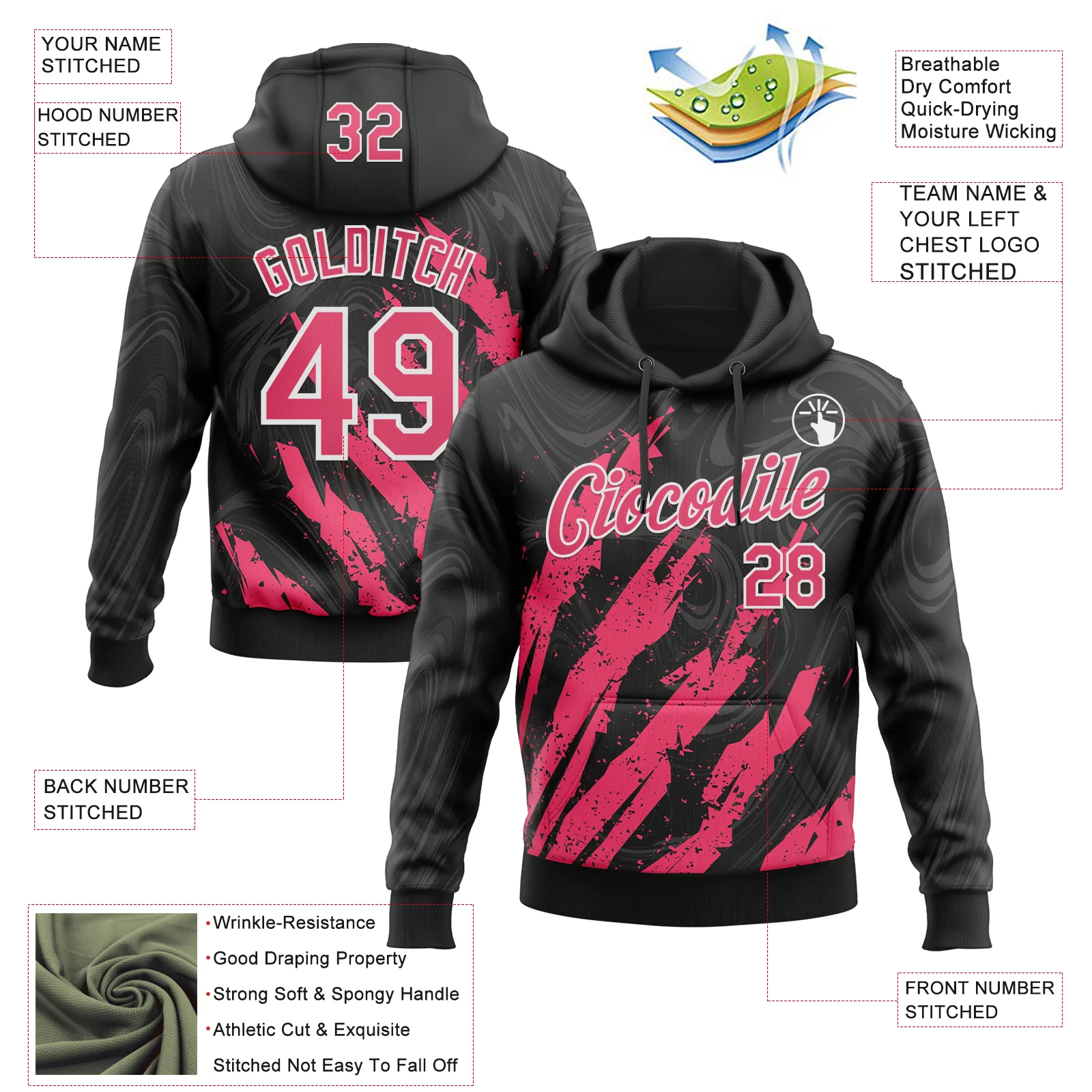 Custom Stitched Black Neon Pink-White Splash Sports Pullover Sweatshirt Hoodie - Image 4