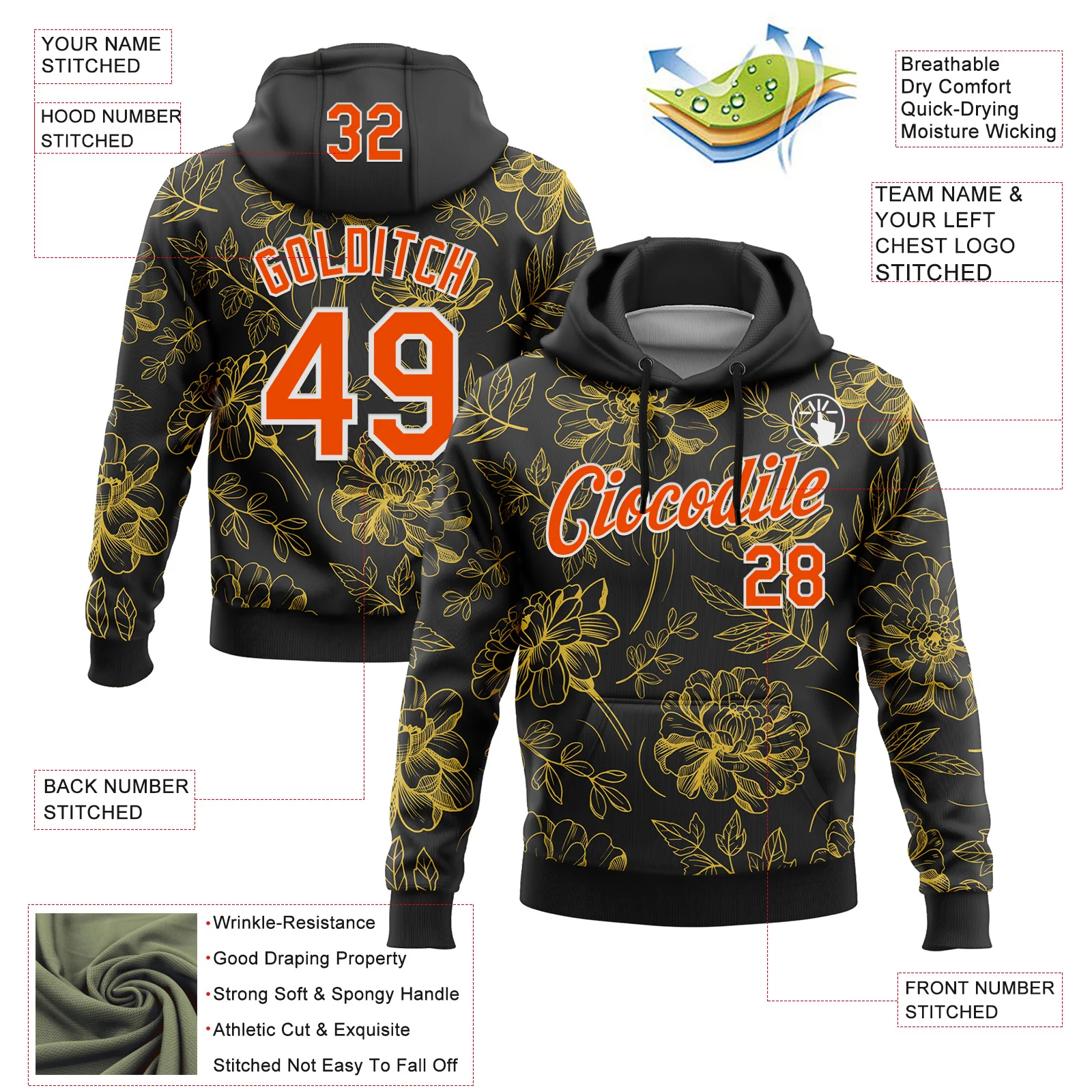 Custom Stitched Black Orange-White 3D Pattern Design Golden Subtle Floral Sports Pullover Sweatshirt Hoodie - Image 2