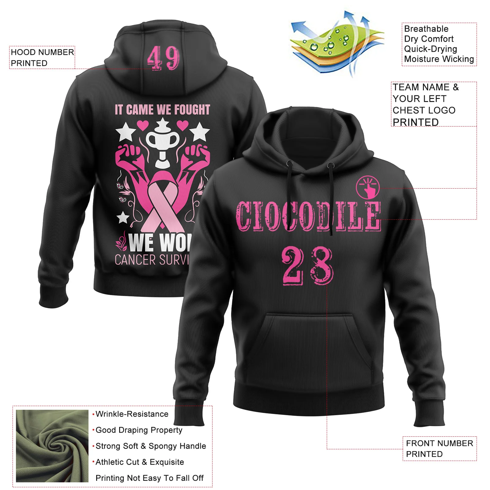 Custom Black Pink-White 3D Pink Ribbon Breast Cancer Awareness Women Health Care Support Sports Pullover Sweatshirt Hoodie - Image 2