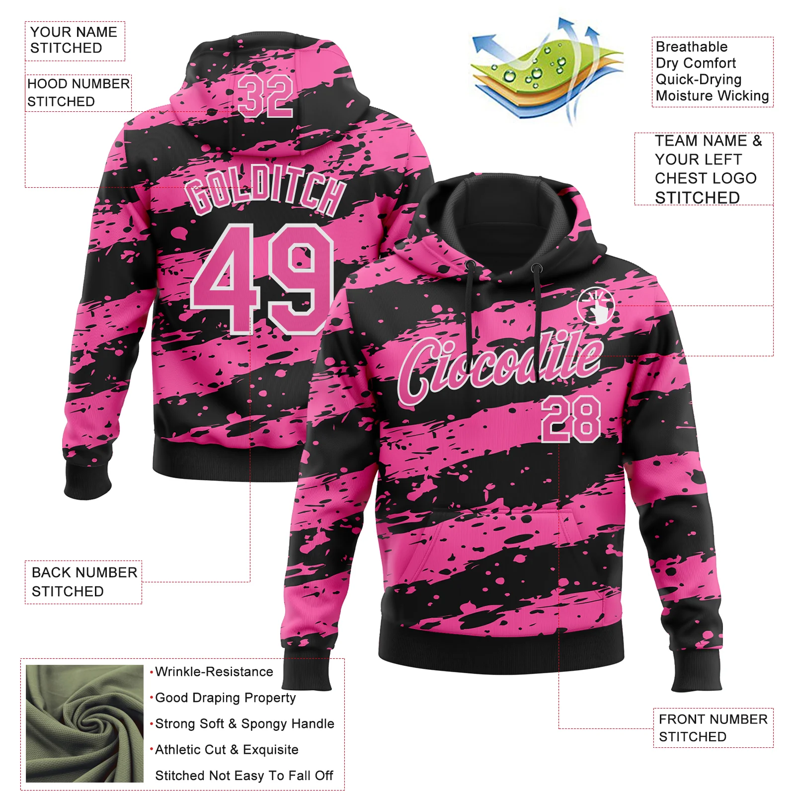 Custom Stitched Black Pink-White Splash Torn Paper Style Sports Pullover Sweatshirt Hoodie - Image 4