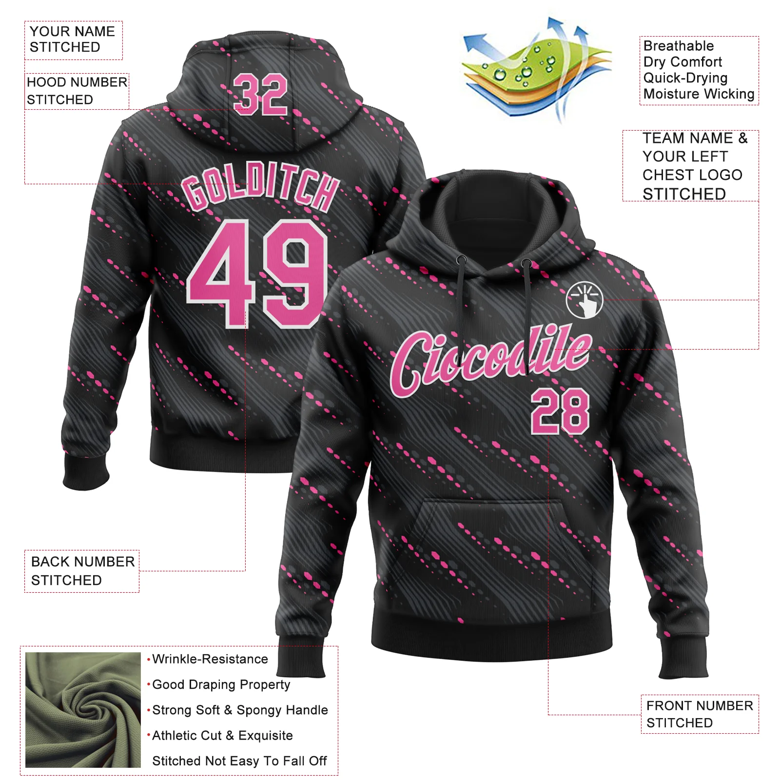 Custom Stitched Black Pink-White Slant Lines Sports Pullover Sweatshirt Hoodie - Image 4