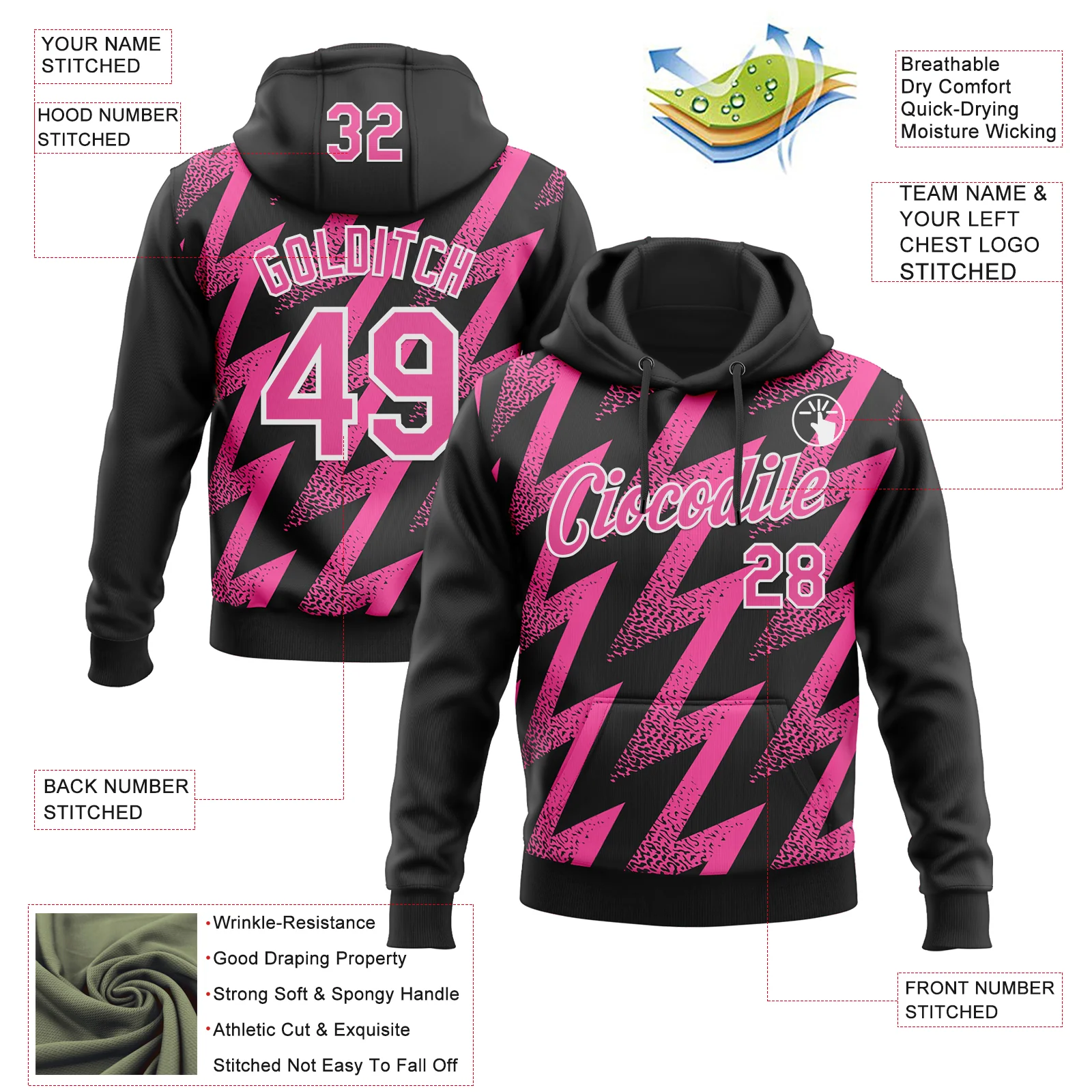 Custom Stitched Black Pink-White Zigzag Shape Sports Pullover Sweatshirt Hoodie - Image 4
