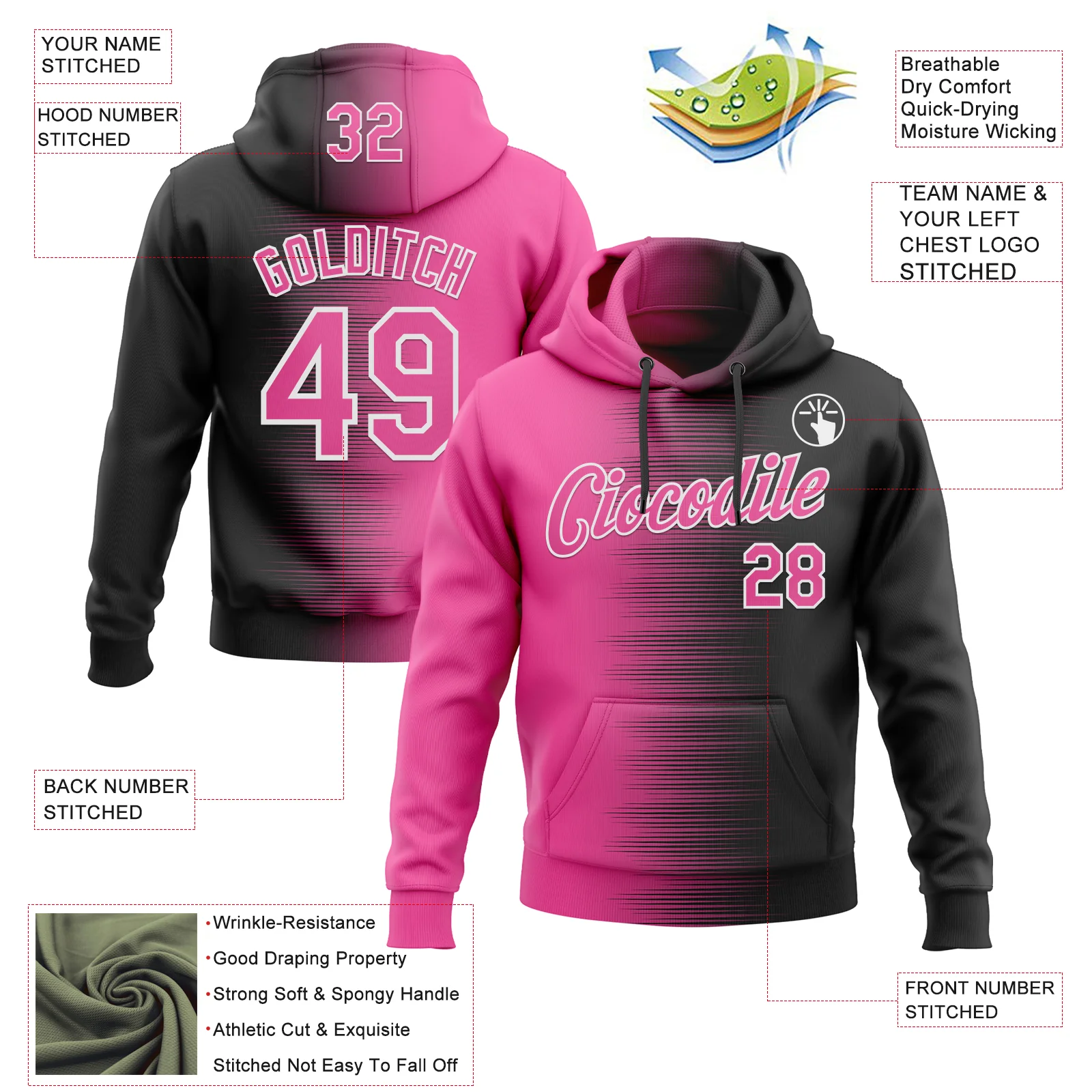Custom Stitched Black Pink-White Gradient Line Sports Pullover Sweatshirt Hoodie - Image 4