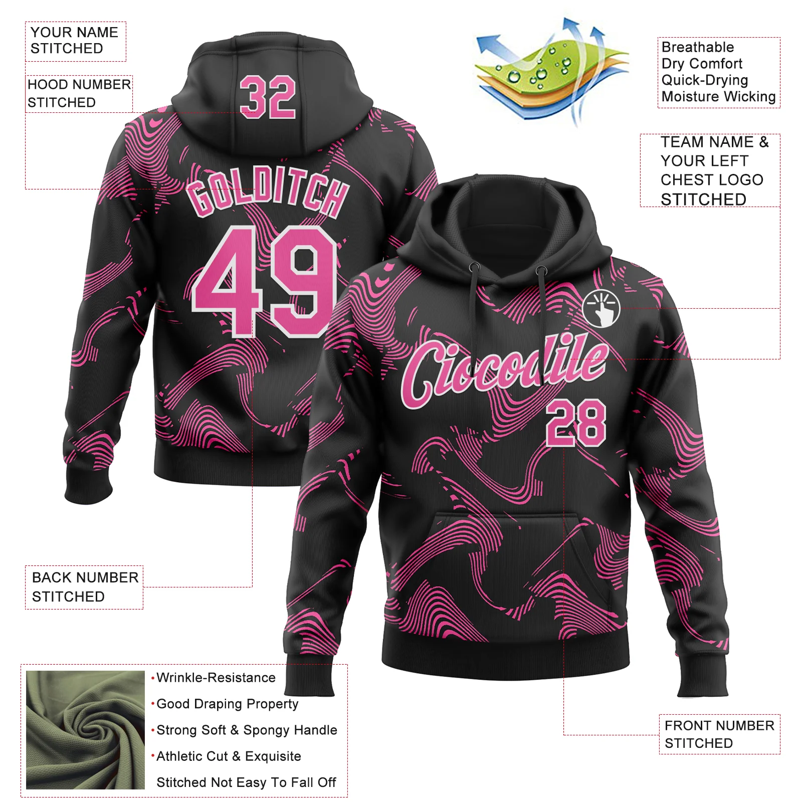 Custom Stitched Black Pink-White Curve Lines Sports Pullover Sweatshirt Hoodie - Image 4