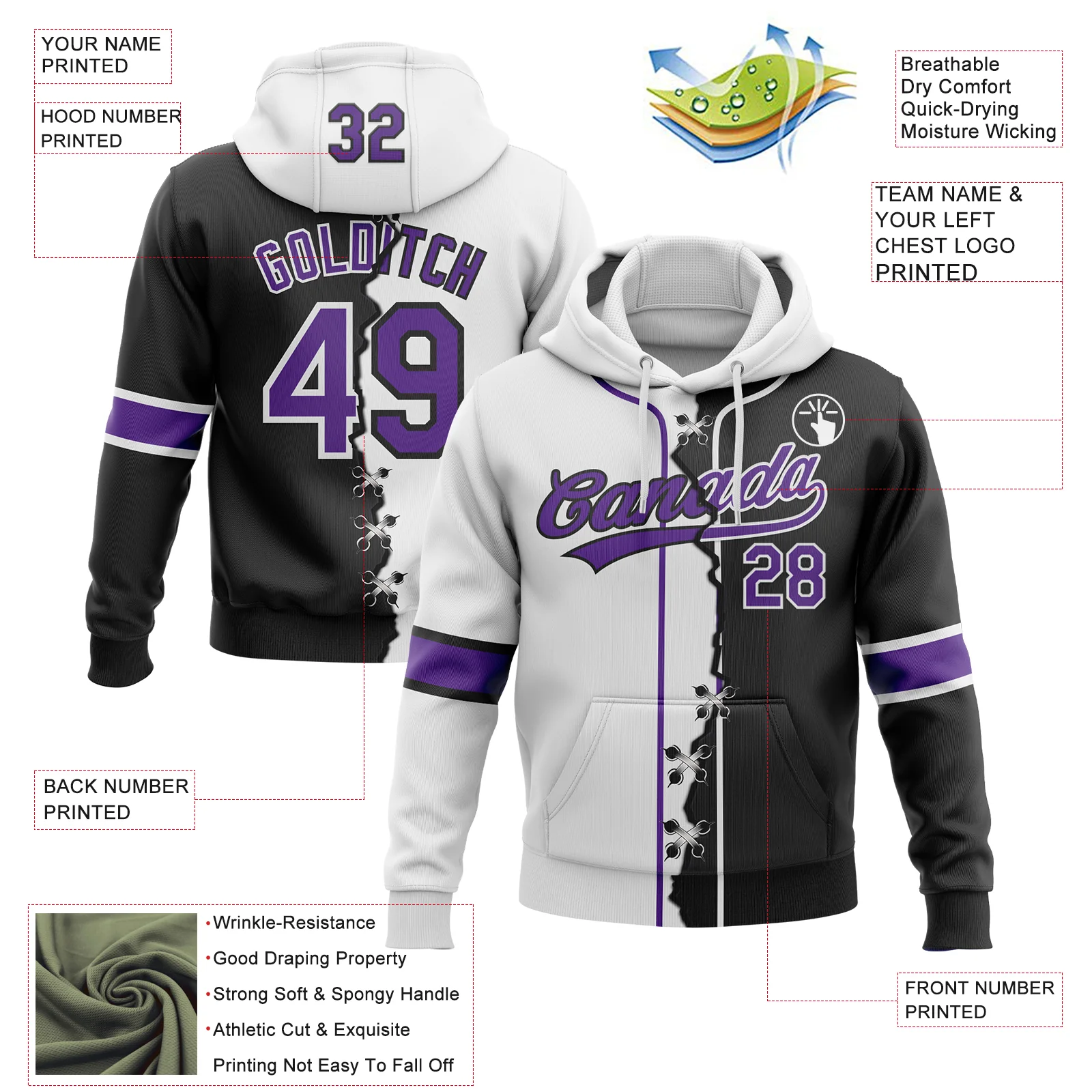 Custom Black Purple-White Split Ripped Pattern Baseball Pullover Sweatshirt Hoodie - Image 4