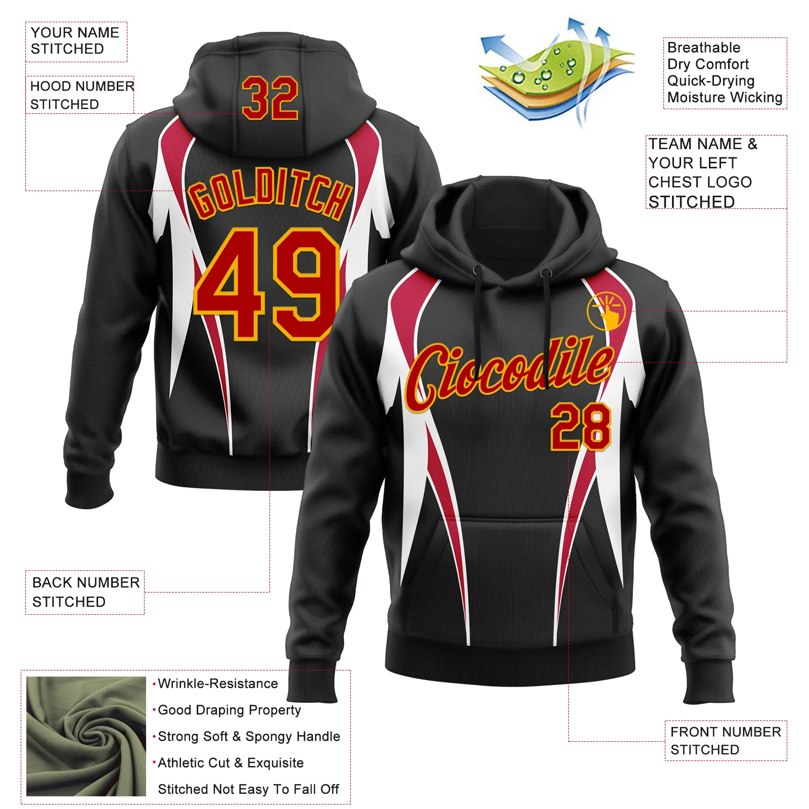 Custom Stitched Black Red White-Gold 3D Pattern Design Sportswear Pullover Sweatshirt Hoodie - Image 2