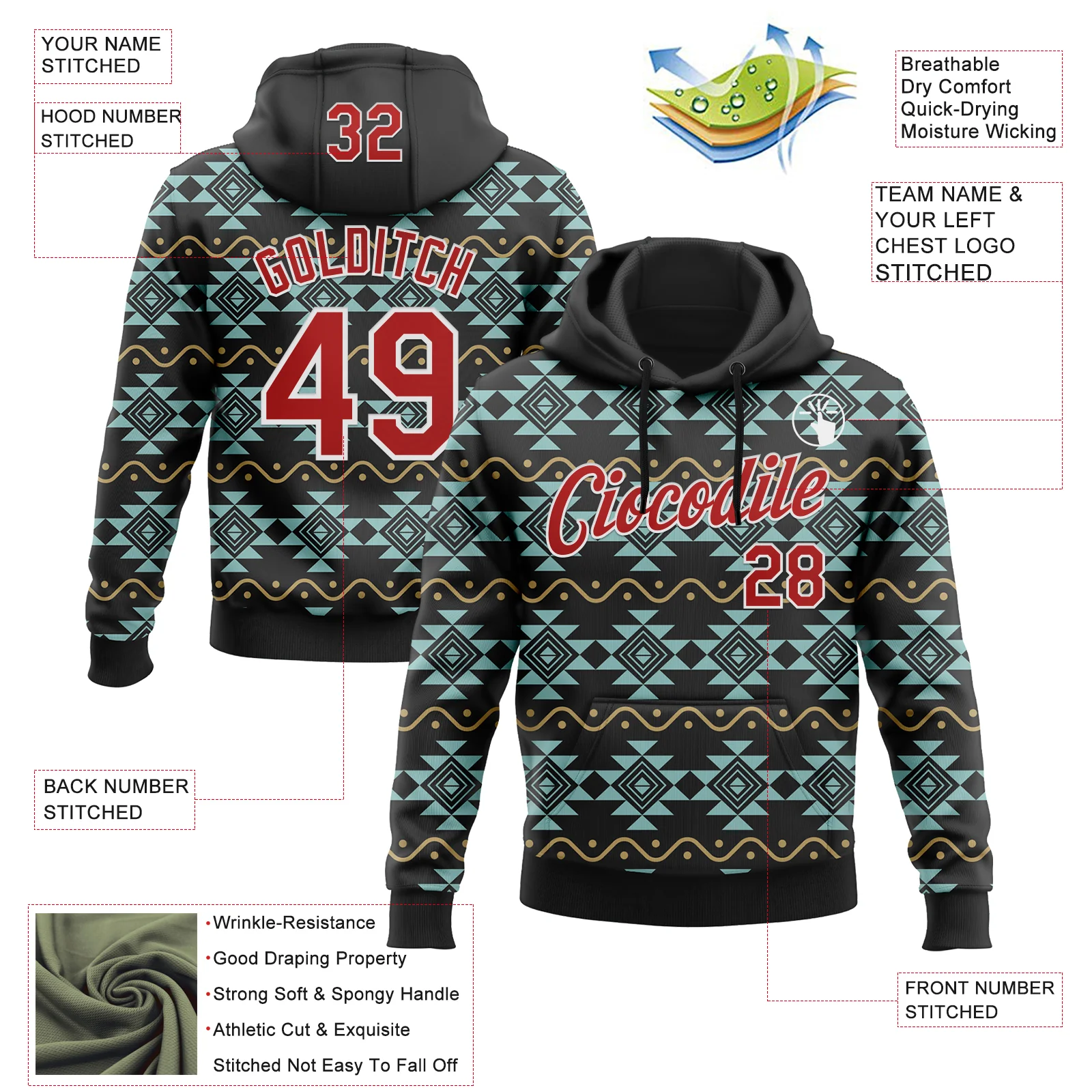 Custom Stitched Black Red-White 3D Pattern Design Tribal Ethnic Native American Sports Pullover Sweatshirt Hoodie - Image 2