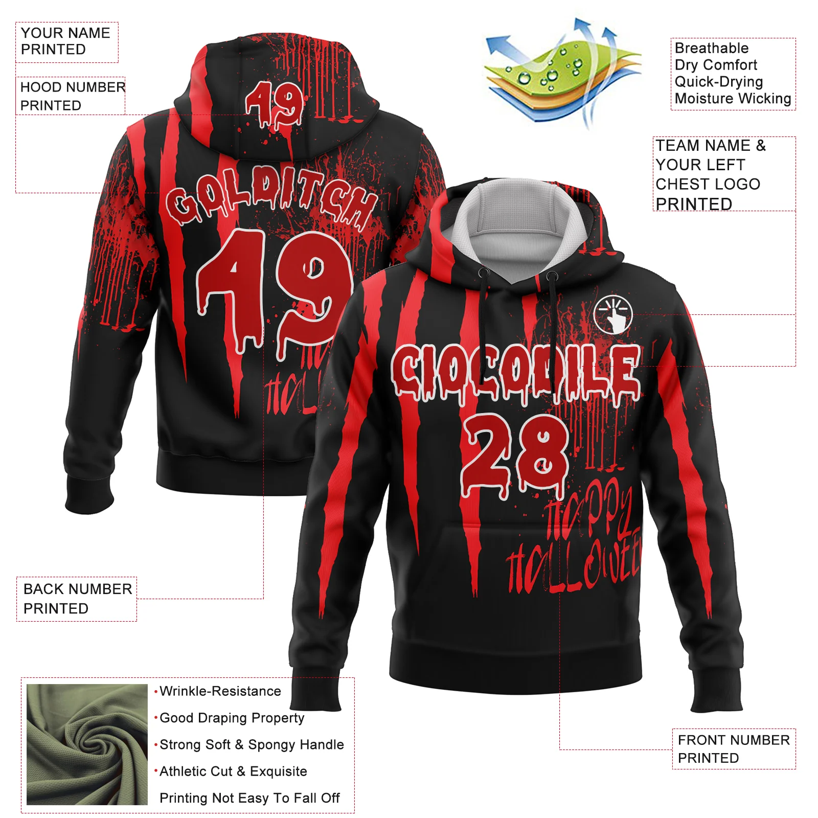 Custom Black Red-White 3D Halloween Creepy Blood Horror Sports Pullover Sweatshirt Hoodie - Image 2