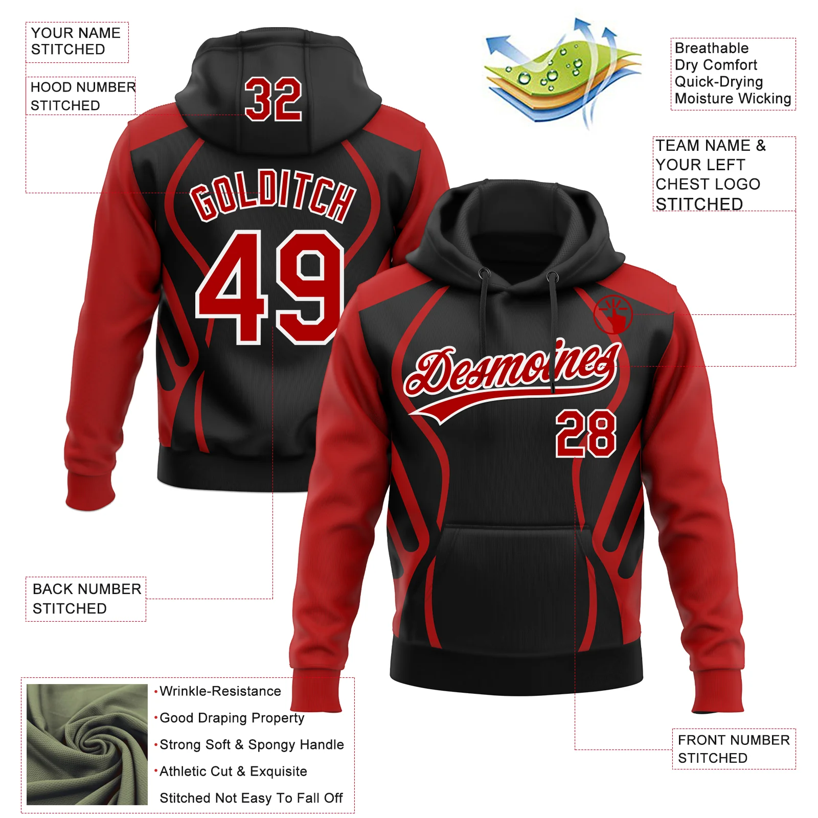 Custom Stitched Black Red-White E-sports Pattern Pullover Sweatshirt Hoodie - Image 4