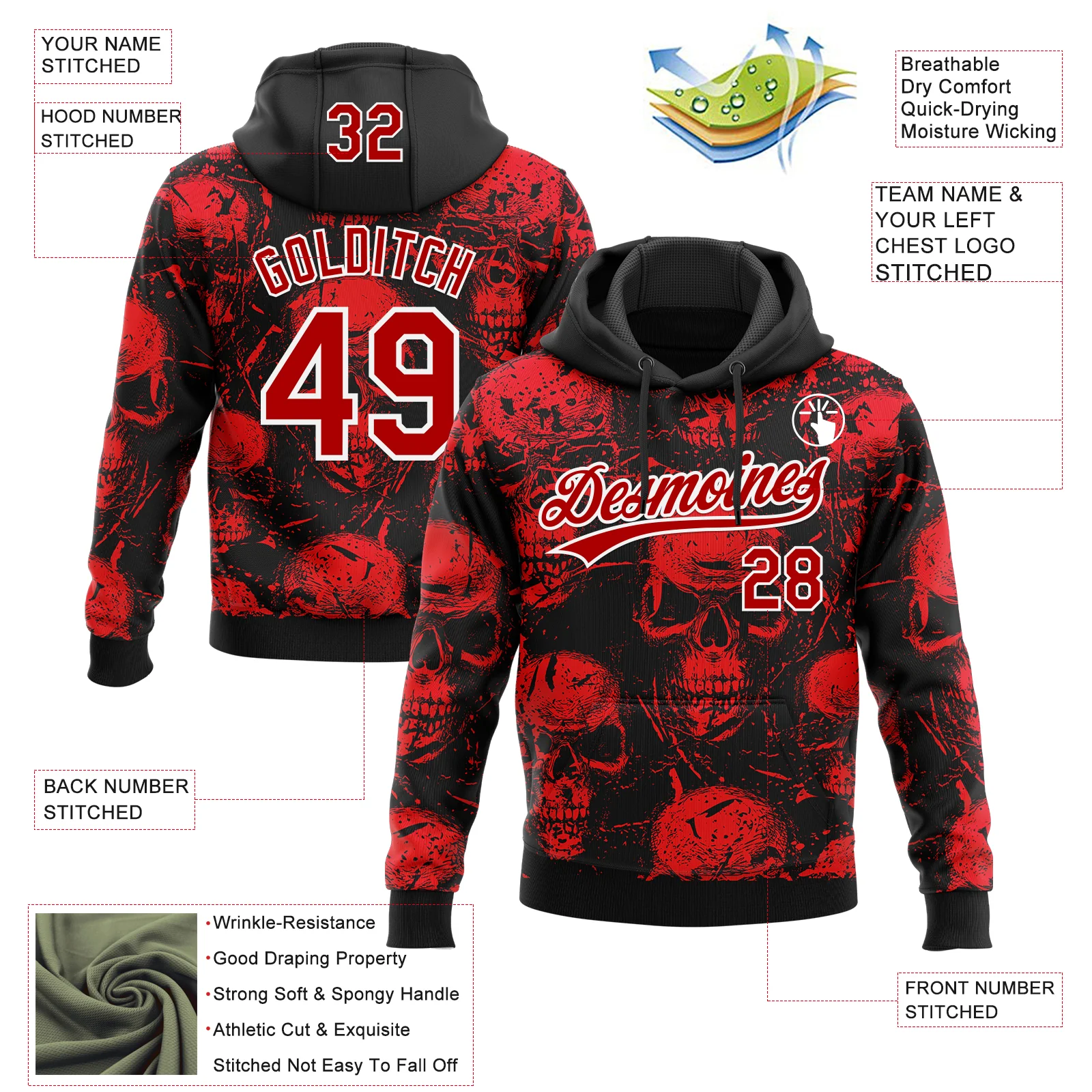 Custom Stitched Black Red-White Halloween Skulls Sports Pullover Sweatshirt Hoodie - Image 4