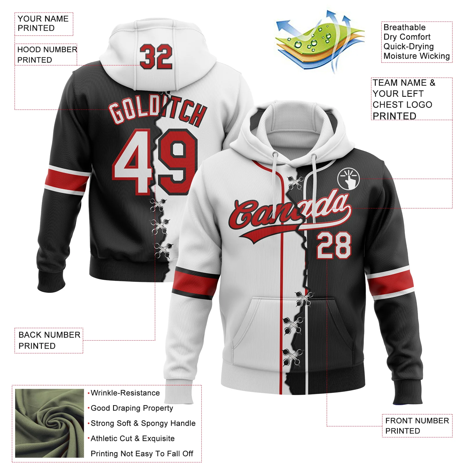 Custom Black Red-White Split Ripped Pattern Baseball Pullover Sweatshirt Hoodie - Image 4