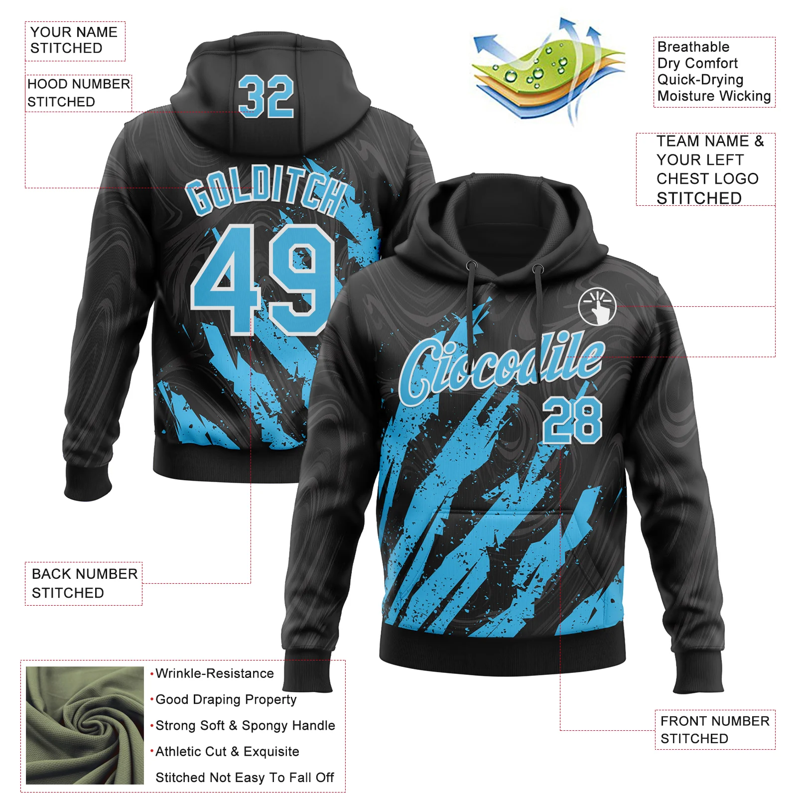 Custom Stitched Black Sky Blue-White Splash Sports Pullover Sweatshirt Hoodie - Image 4